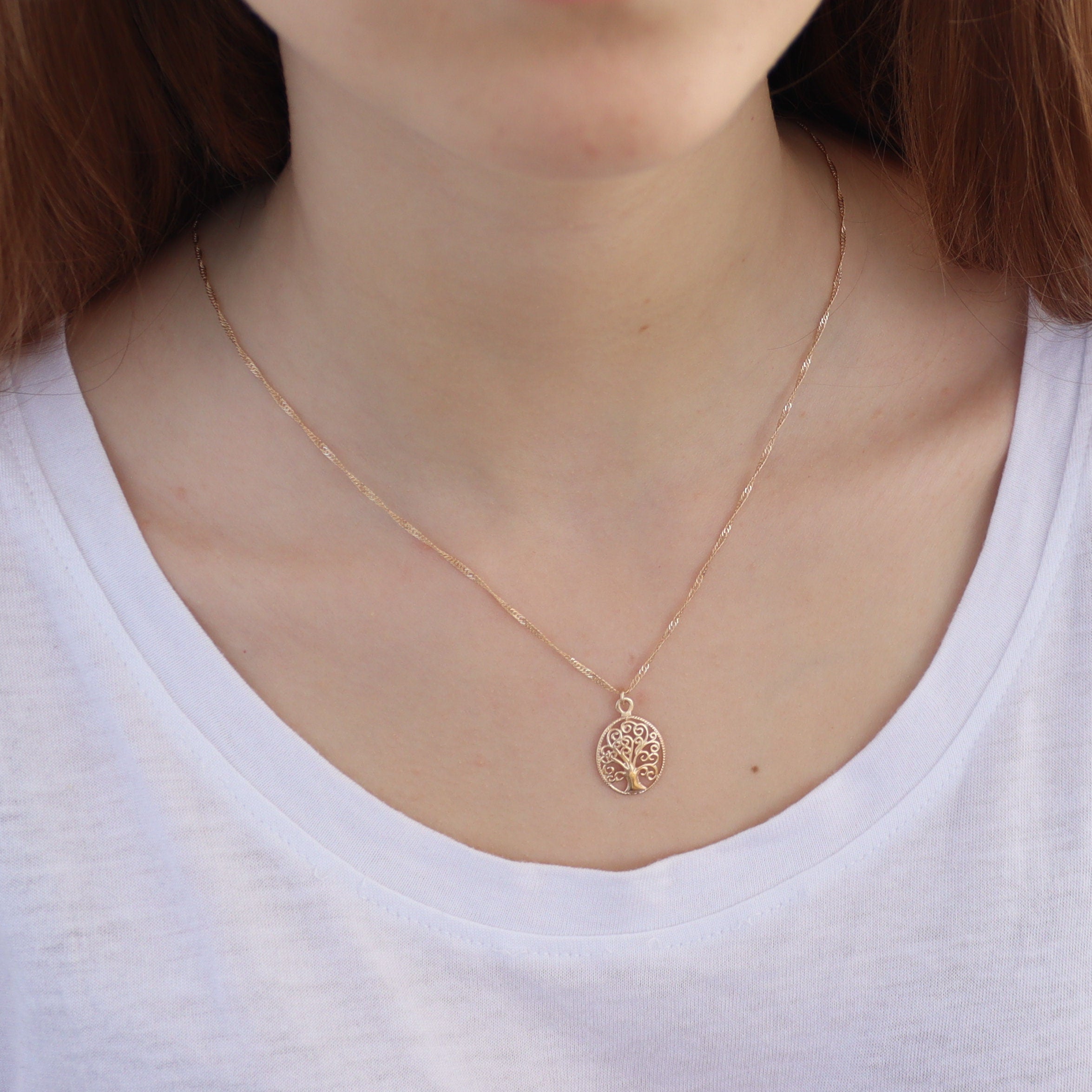תליון שרשרת עץ החיים מזהב לנשים - תכשיטי עץ משפחה ספירליים אובליים
