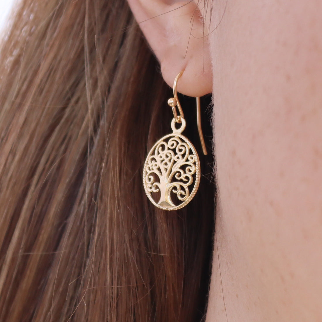 עגילי עץ החיים זהב לנשים, עגילי עץ משפחה ספירליים אובליים מזהב