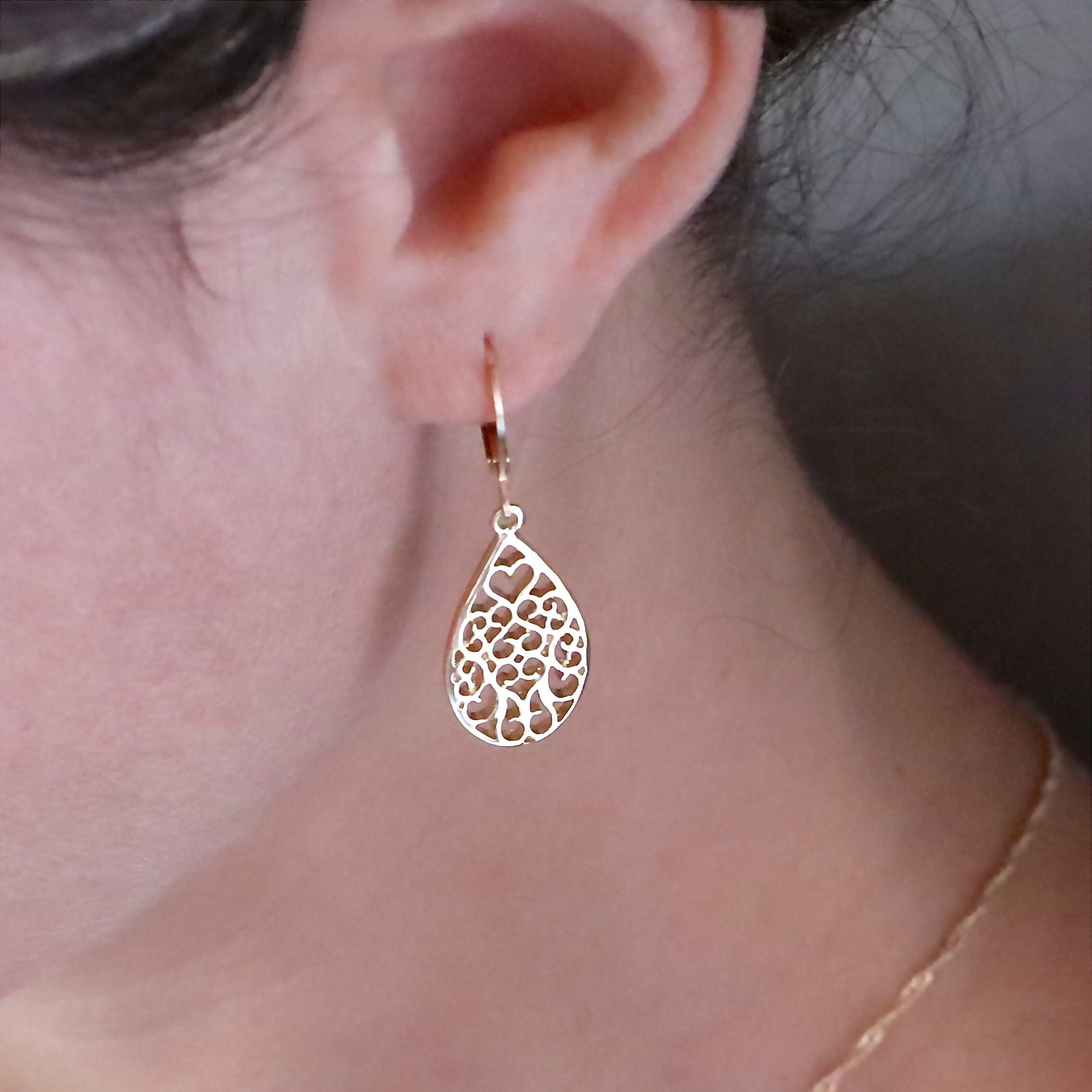 עגילי זהב 14 קראט מלאים, עגילי זהב פיליגרן טיפה