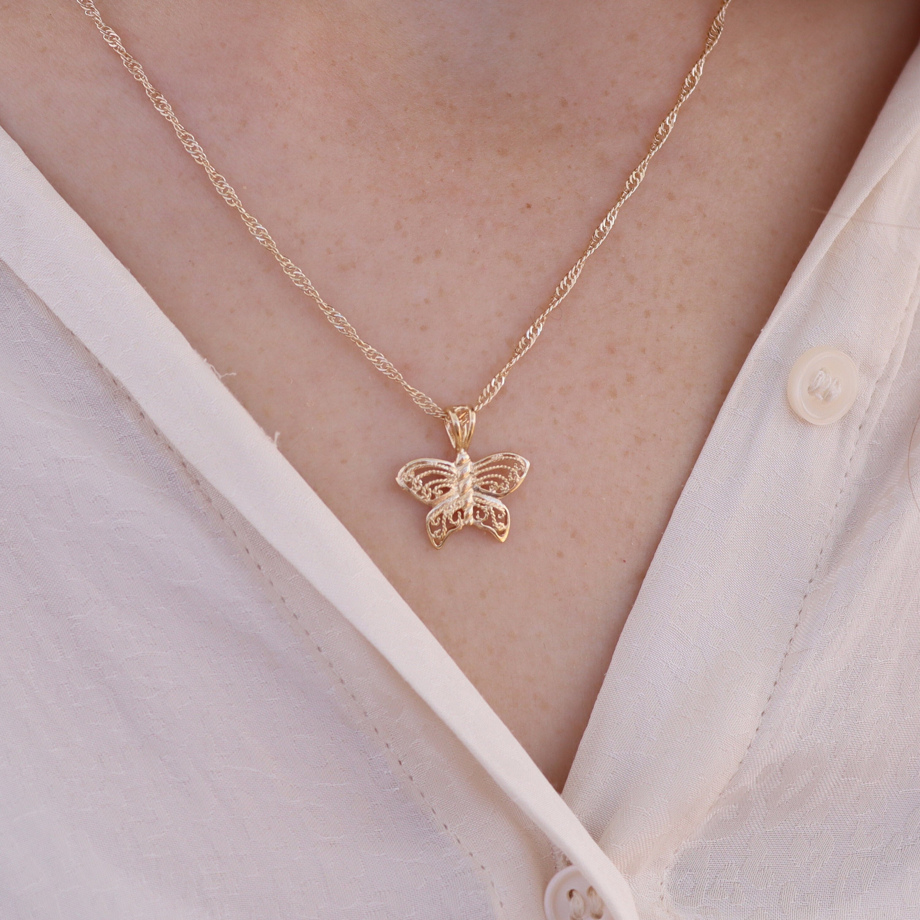 שרשרת תליון פרפר פיליגרן מזהב 14 קראט