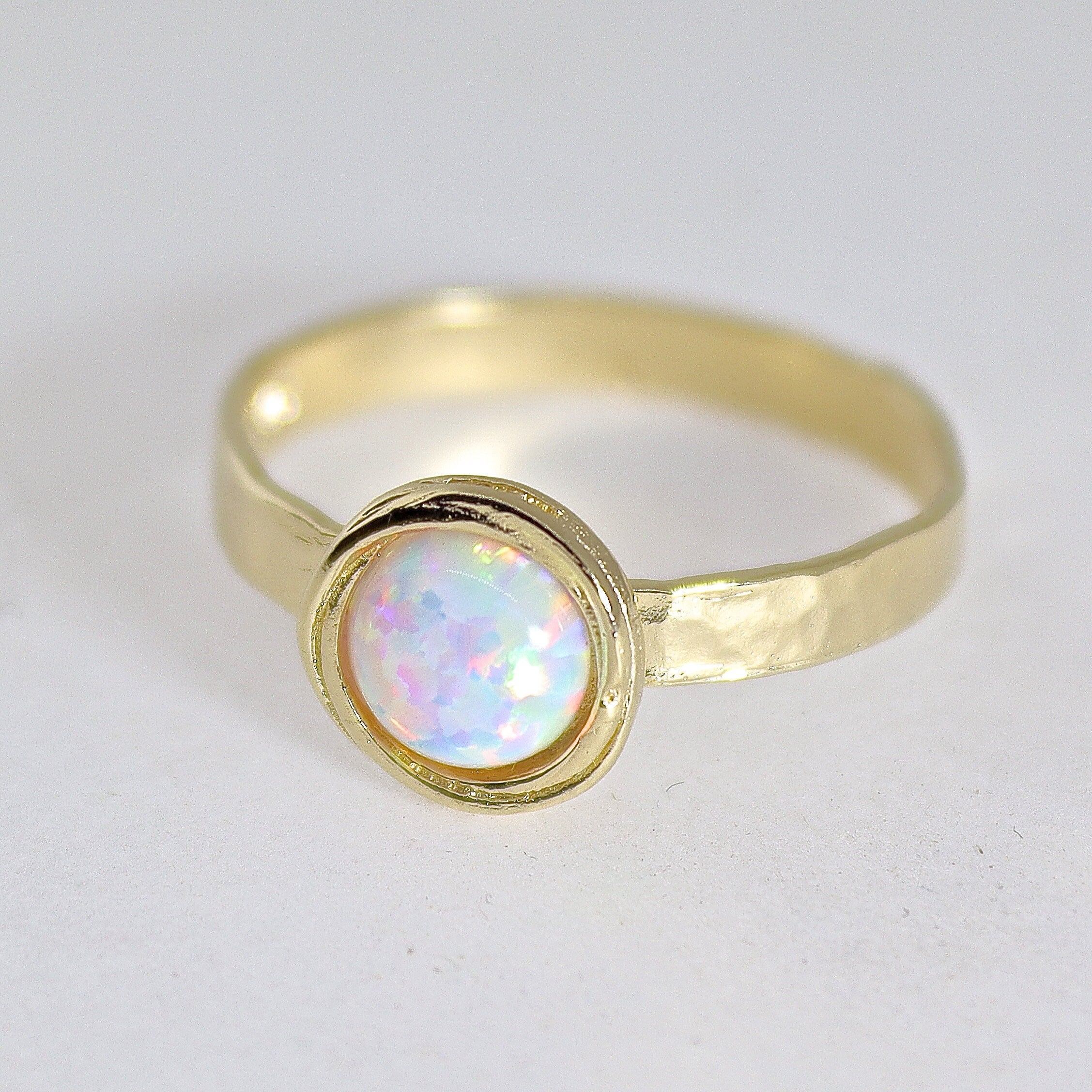 טבעת אופל מזהב 14 קראט, טבעת אופל לבן מזהב 14 קראט מלא, טבעת זהב אמיתי מרוקעת עם אבן