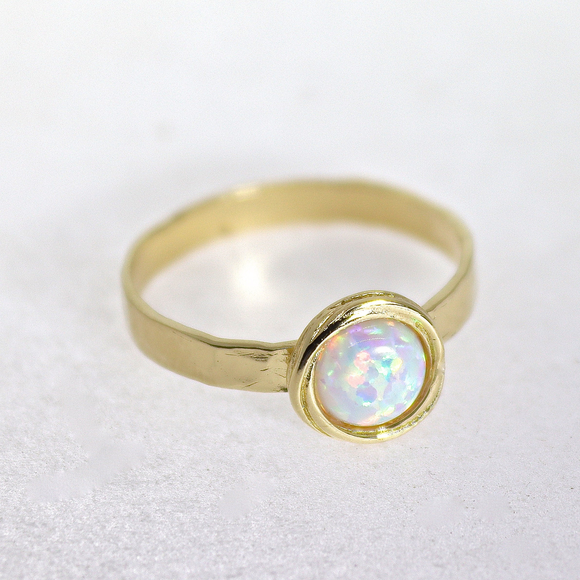 טבעת אופל מזהב 14 קראט, טבעת אופל לבן מזהב 14 קראט מלא, טבעת זהב אמיתי מרוקעת עם אבן