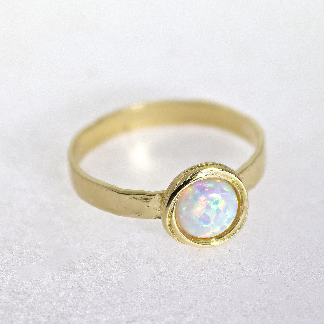 טבעת אופל מזהב 14 קראט, טבעת אופל לבן מזהב 14 קראט מלא, טבעת זהב אמיתי מרוקעת עם אבן