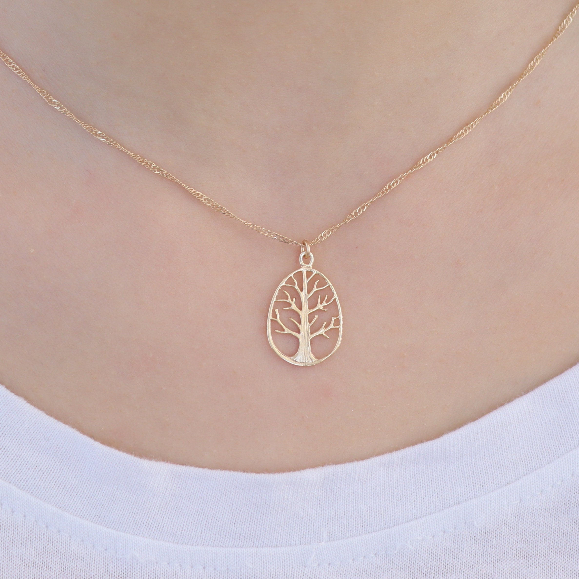תליון שרשרת עץ החיים מזהב מלא 14 קראט, שרשרת עץ משפחה אובלית מזהב