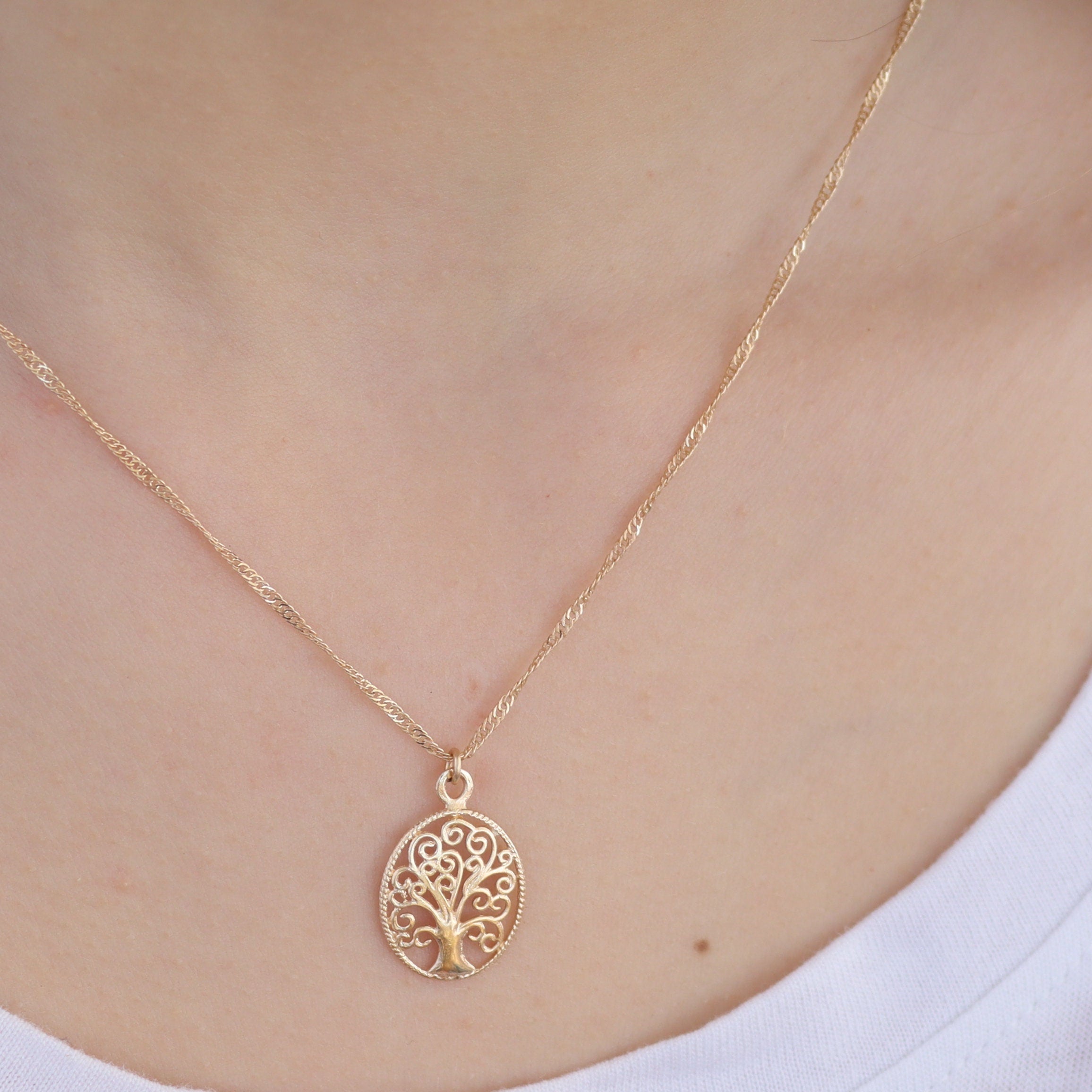 תליון שרשרת עץ החיים מזהב לנשים - תכשיטי עץ משפחה ספירליים אובליים