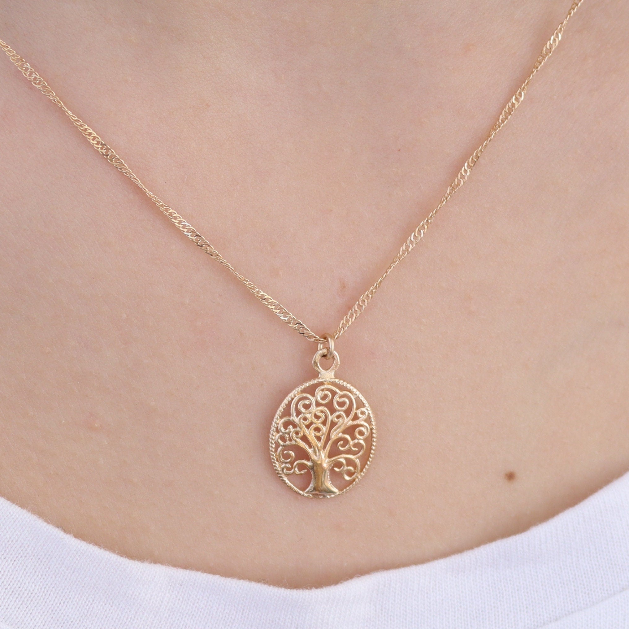 תליון שרשרת עץ החיים מזהב לנשים - תכשיטי עץ משפחה ספירליים אובליים