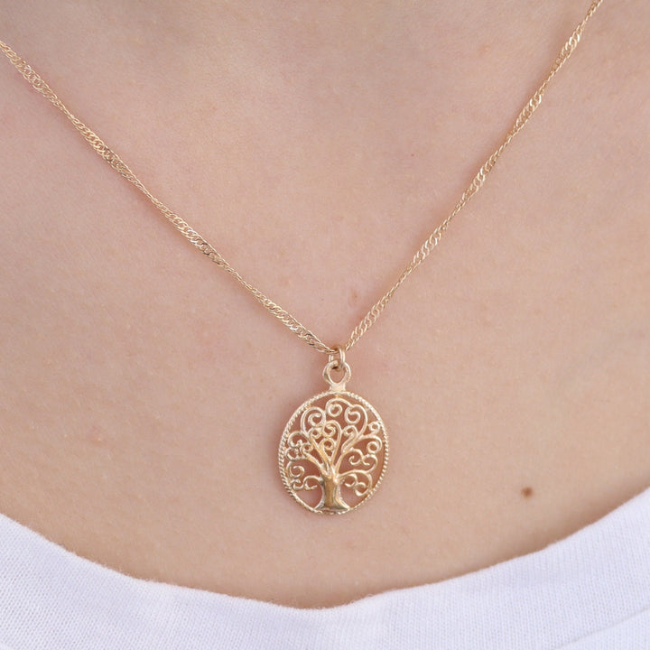 תליון שרשרת עץ החיים מזהב לנשים - תכשיטי עץ משפחה ספירליים אובליים