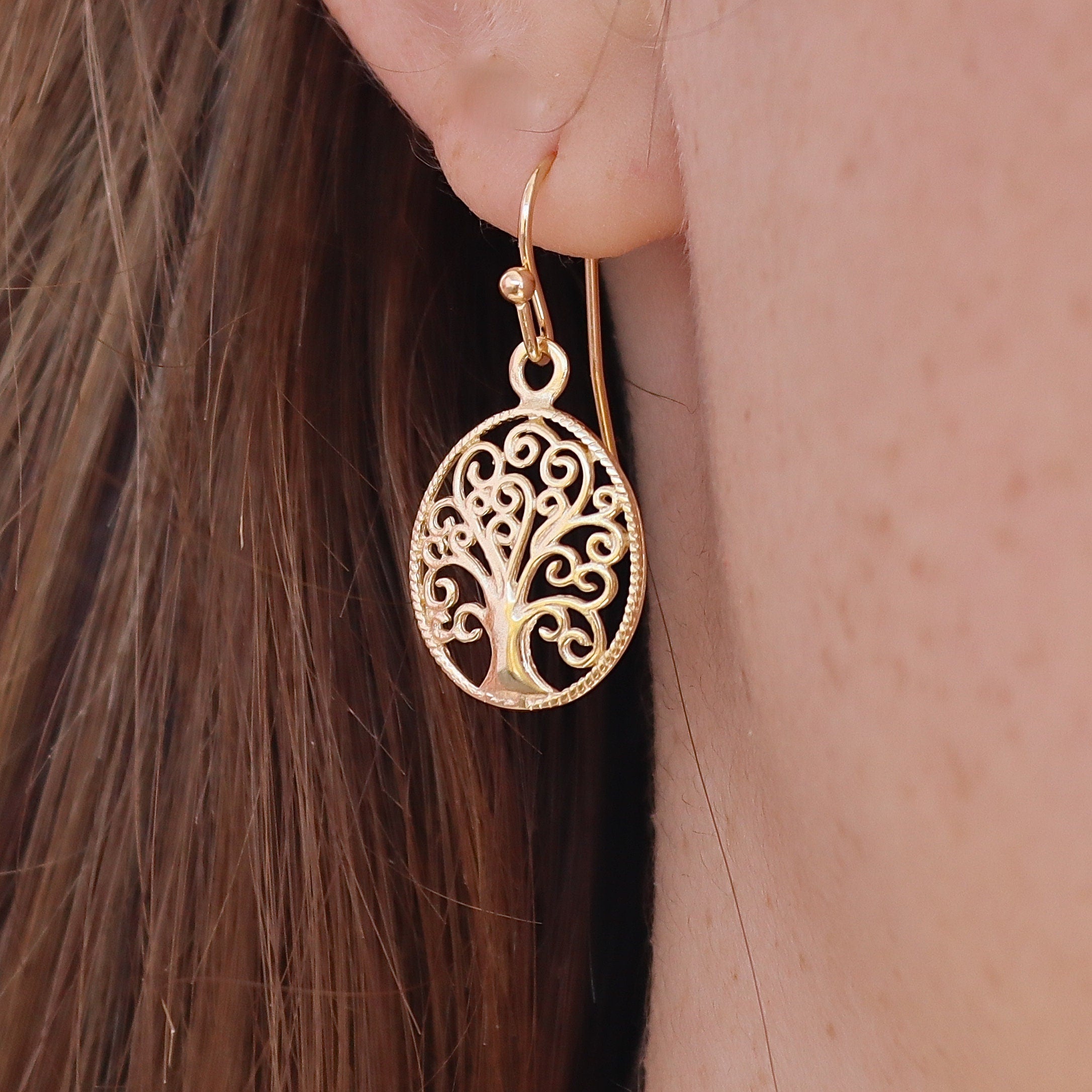 עגילי עץ החיים זהב לנשים, עגילי עץ משפחה ספירליים אובליים מזהב