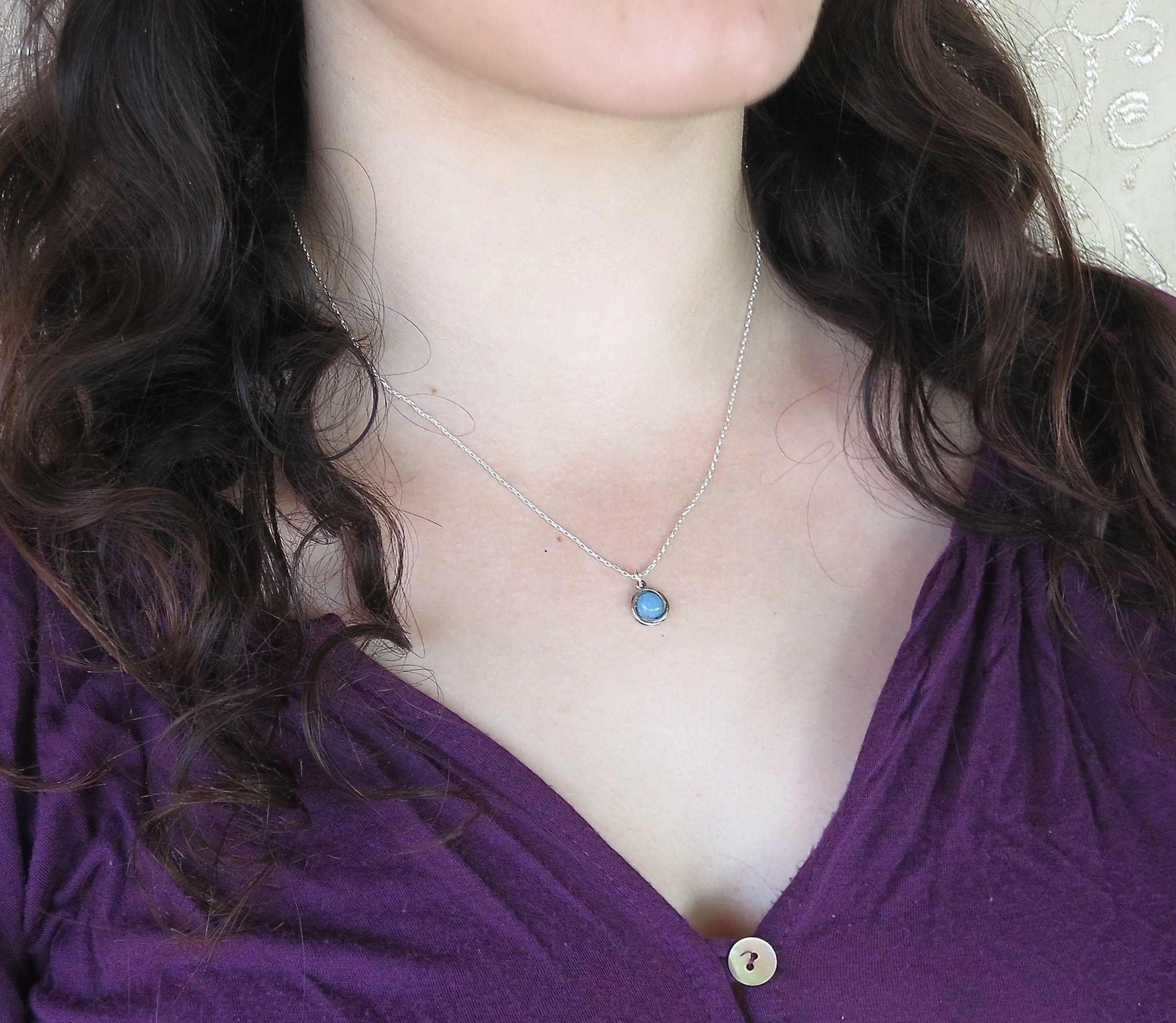 שרשרת תליון אקוומרין קטנה, שרשרת כסף עגולה זעירה בצבע אקוומרין