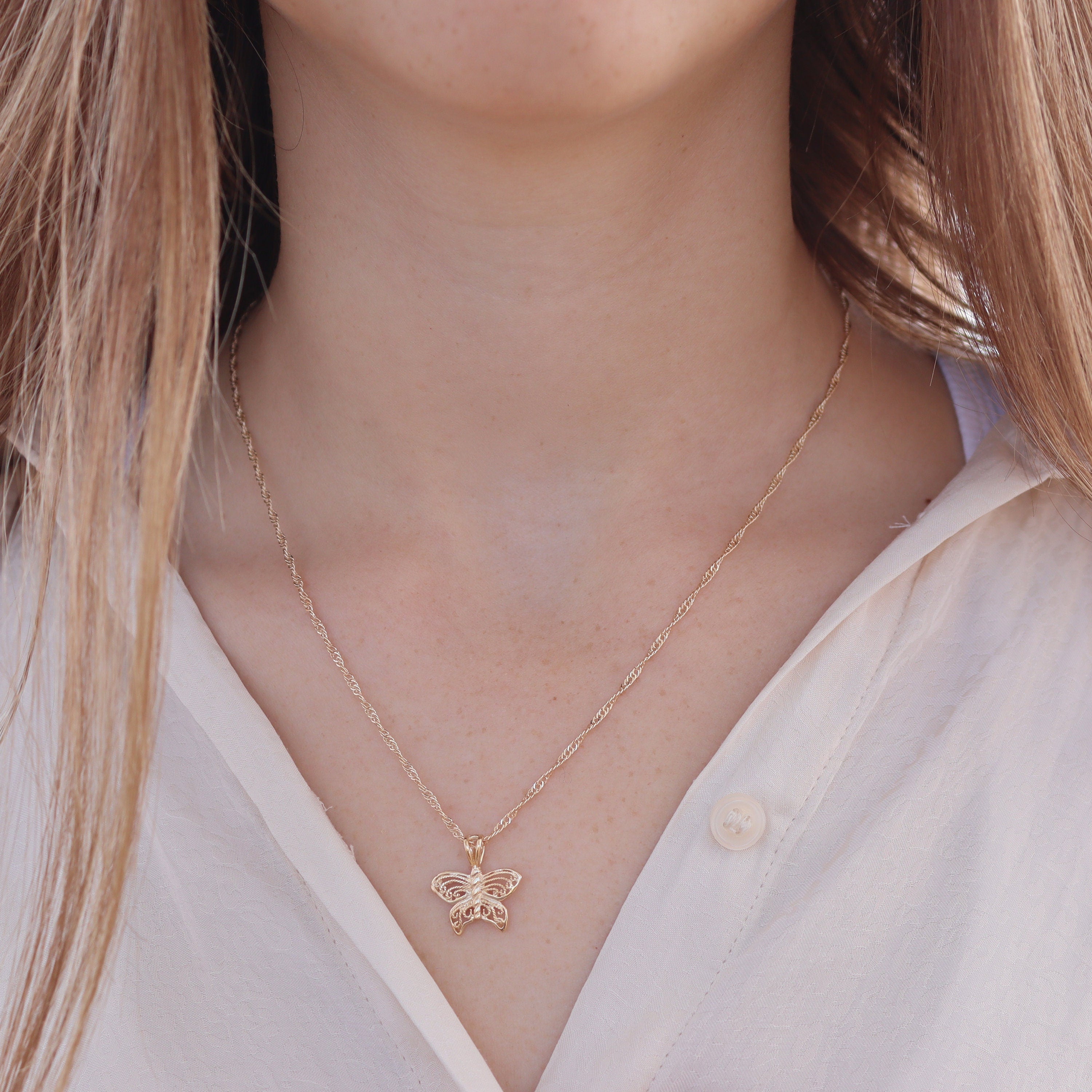 שרשרת תליון פרפר פיליגרן מזהב 14 קראט