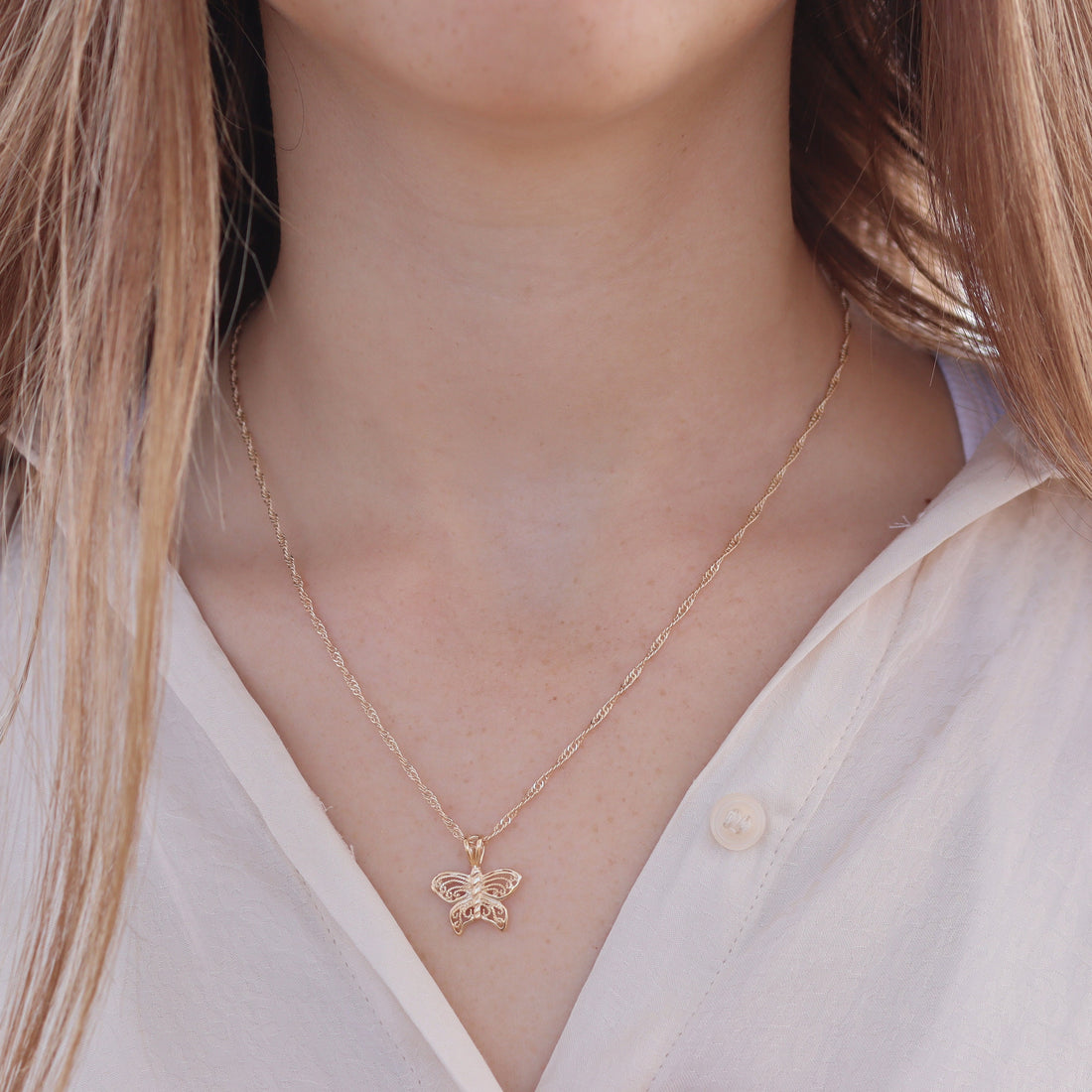 שרשרת תליון פרפר פיליגרן מזהב 14 קראט