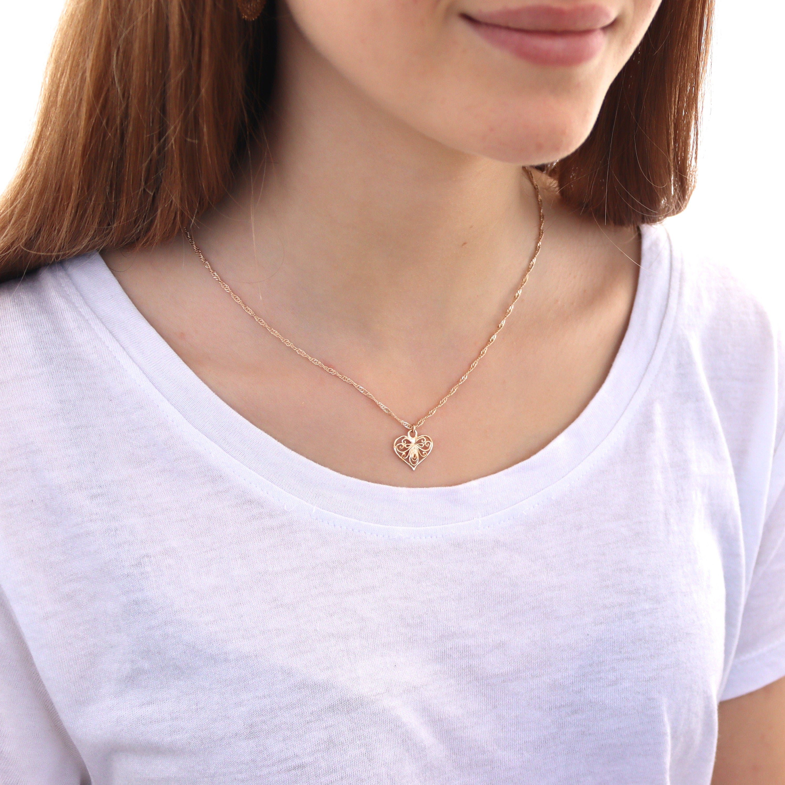 שרשרת תליון לב פיליגרן זהב 14 קראט, שרשרת לב זהב
