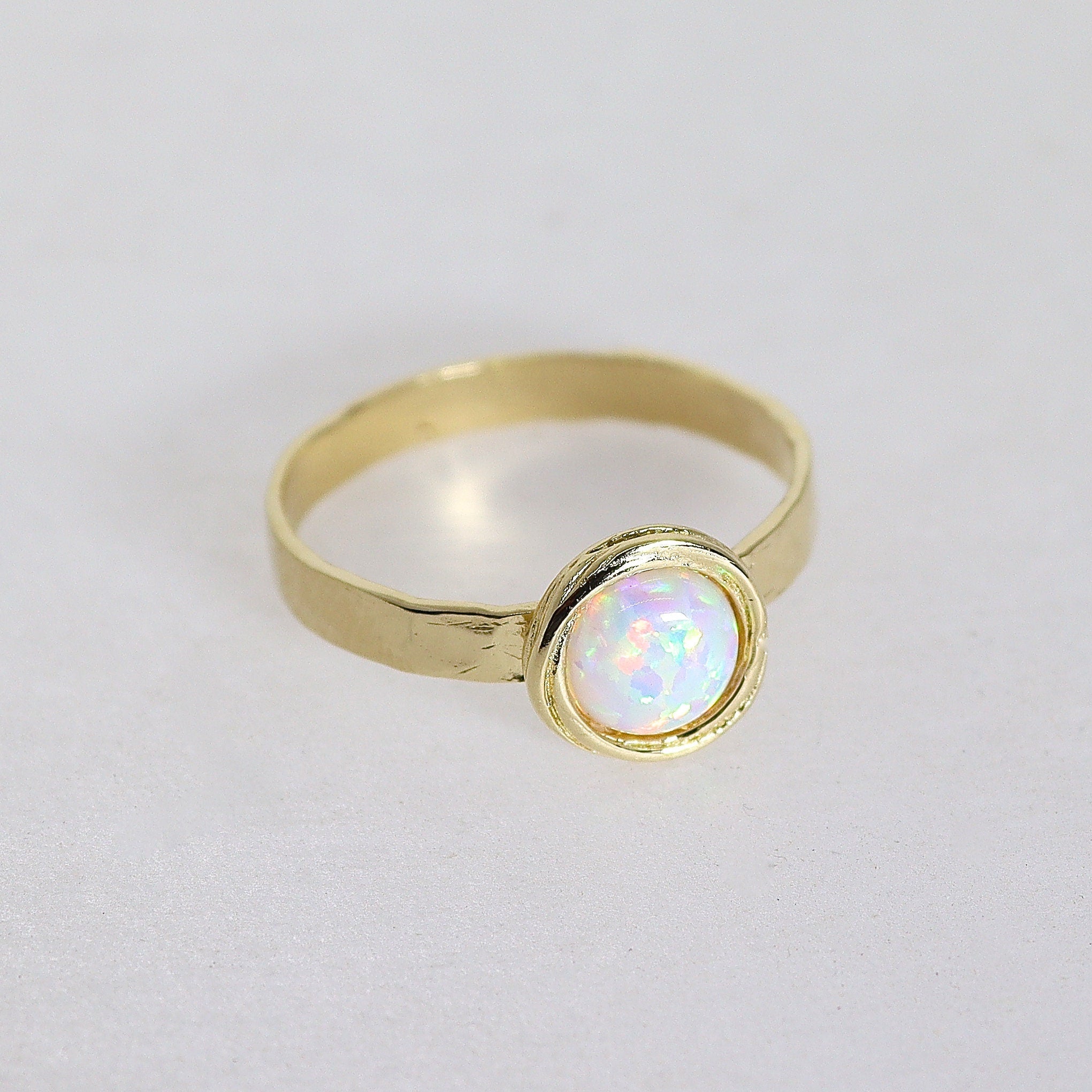 טבעת אופל מזהב 14 קראט, טבעת אופל לבן מזהב 14 קראט מלא, טבעת זהב אמיתי מרוקעת עם אבן