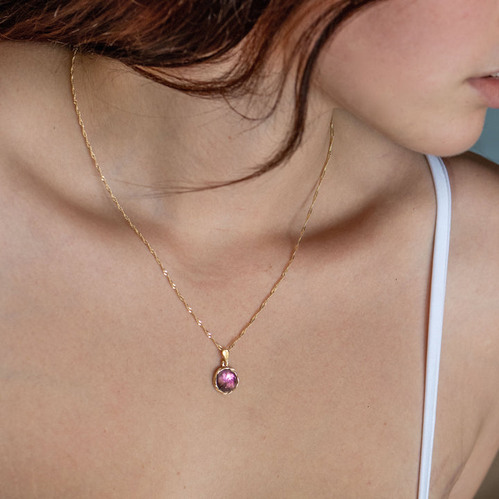 שרשרת תליון אמטיסט מזהב 14 קראט, תליון אבן סגולה עגולה