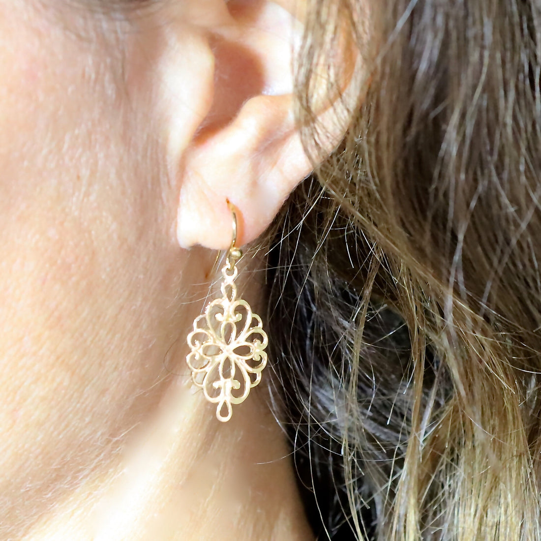 עגילי זהב מלאים בצורת פיליגרן, עגילי זהב 14 קראט, עגילים ויקטוריאניים