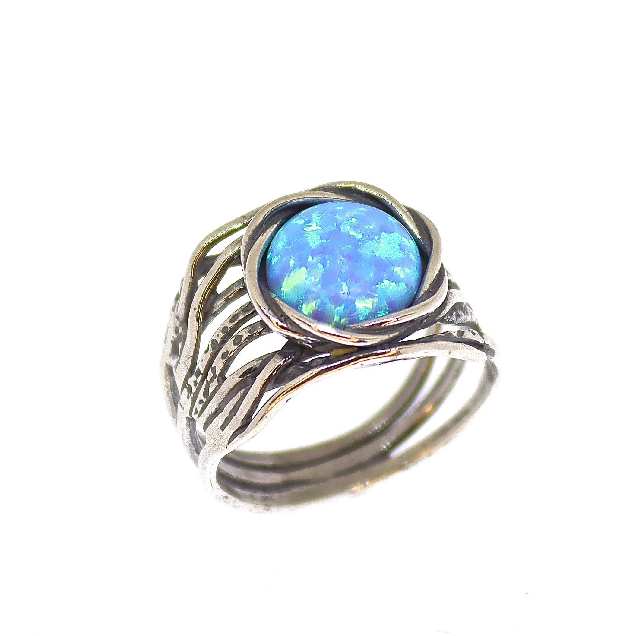 טבעת אוונטורין, טבעת עבה רחבה מכסף סטרלינג 925 עם אבן ירוקה