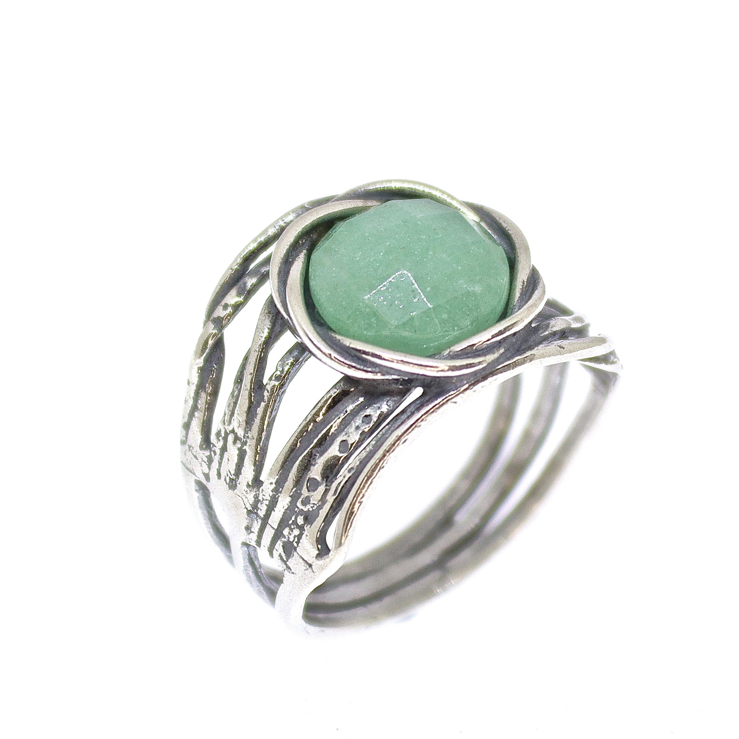 טבעת אוונטורין, טבעת עבה רחבה מכסף סטרלינג 925 עם אבן ירוקה