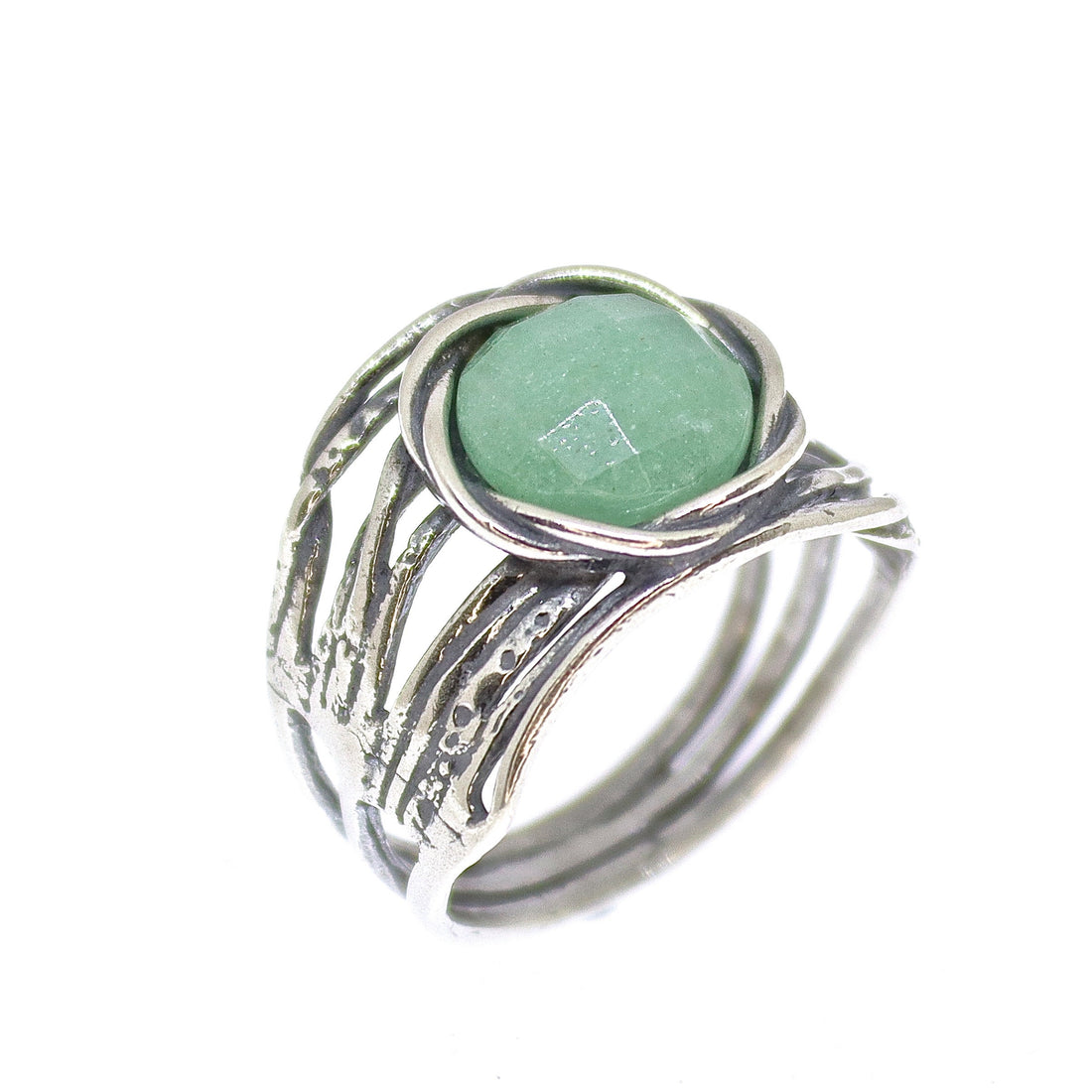 טבעת אוונטורין, טבעת עבה רחבה מכסף סטרלינג 925 עם אבן ירוקה