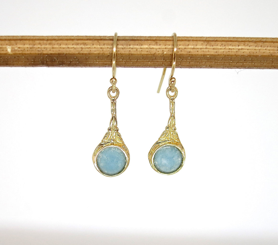 עגילי זהב אקוומרין, עגילים בסגנון ויקטוריאני עם אבן כחולה