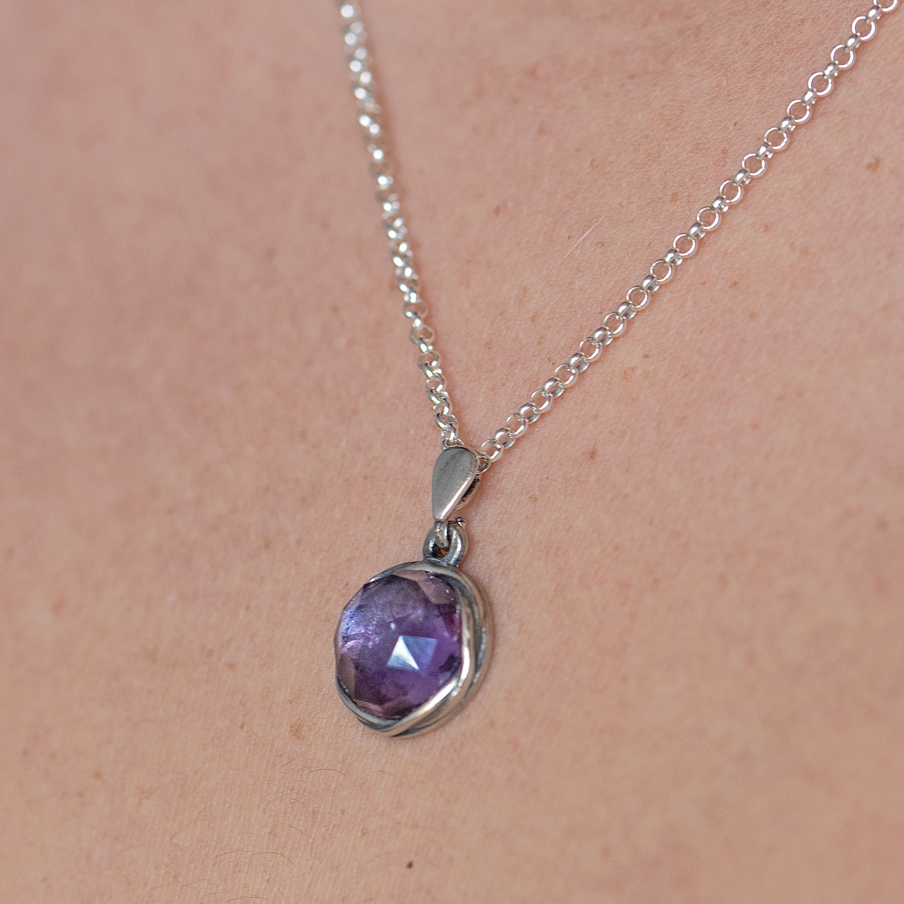שרשרת תליון אמטיסט כסף סטרלינג 925, שרשרת אבן סגולה מעגלית
