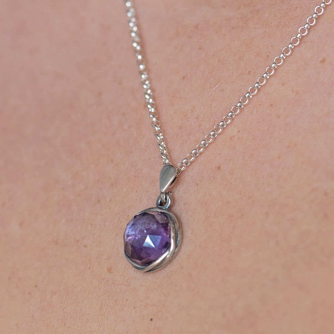 שרשרת תליון אמטיסט כסף סטרלינג 925, שרשרת אבן סגולה מעגלית