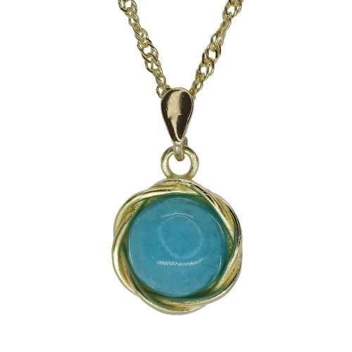 שרשרת תליון אופל זהב 14 קראט בעבודת יד - אבן כחולה עגולה