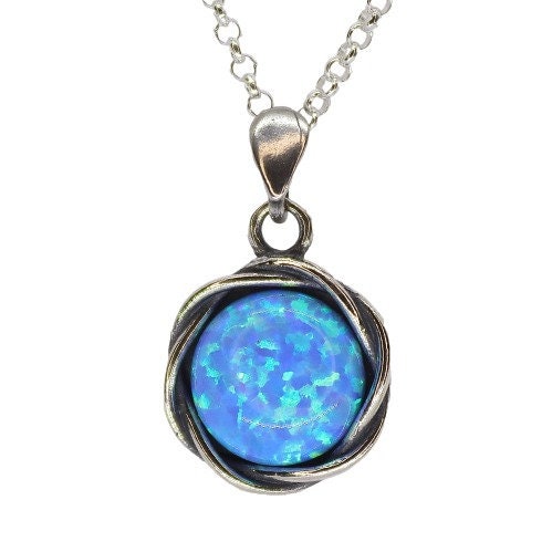 שרשרת אופל כחול מכסף סטרלינג: תליון עיגול בעבודת יד