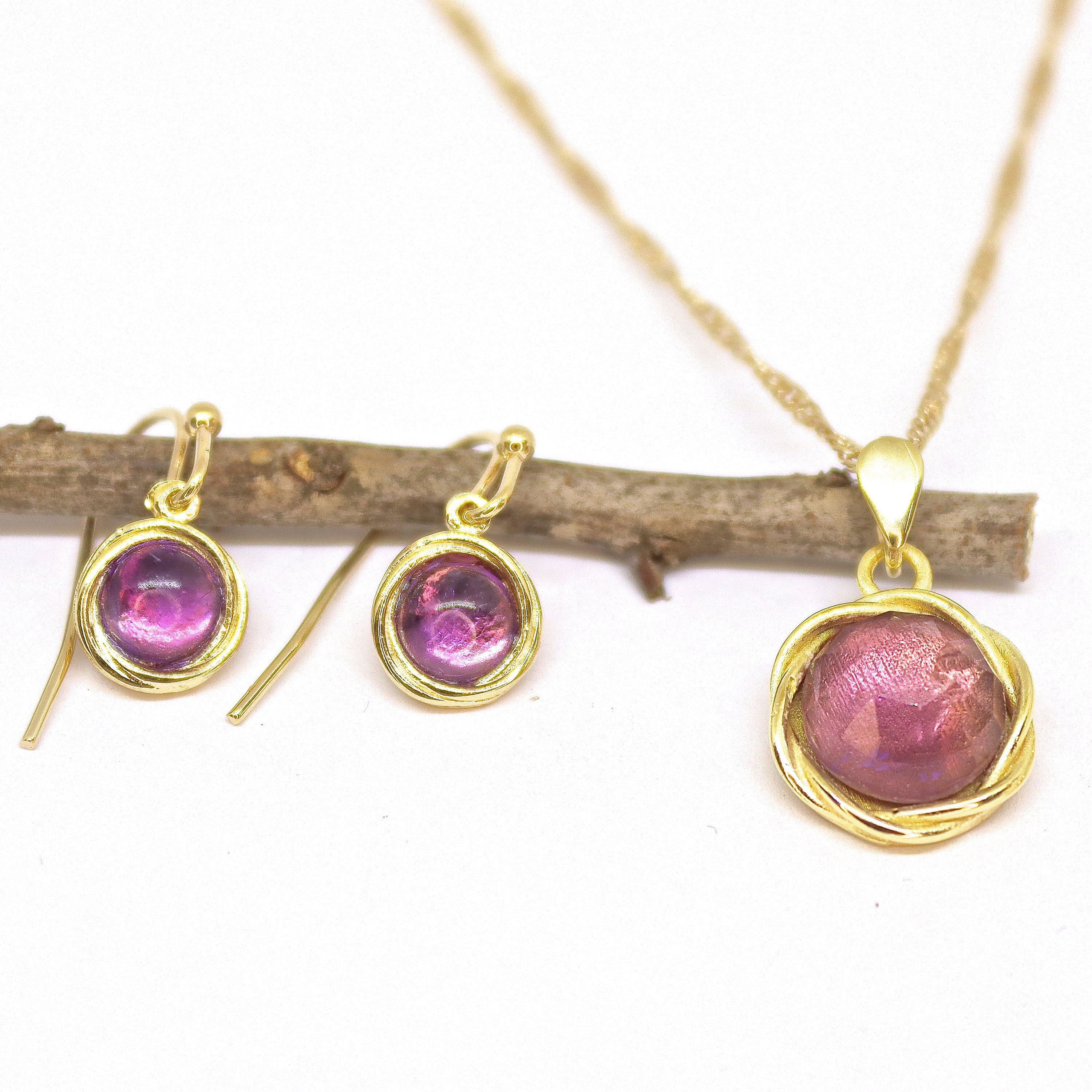 סט תכשיטי זהב לבן אופל, עגילים ותליון מצופים זהב 14 קראט