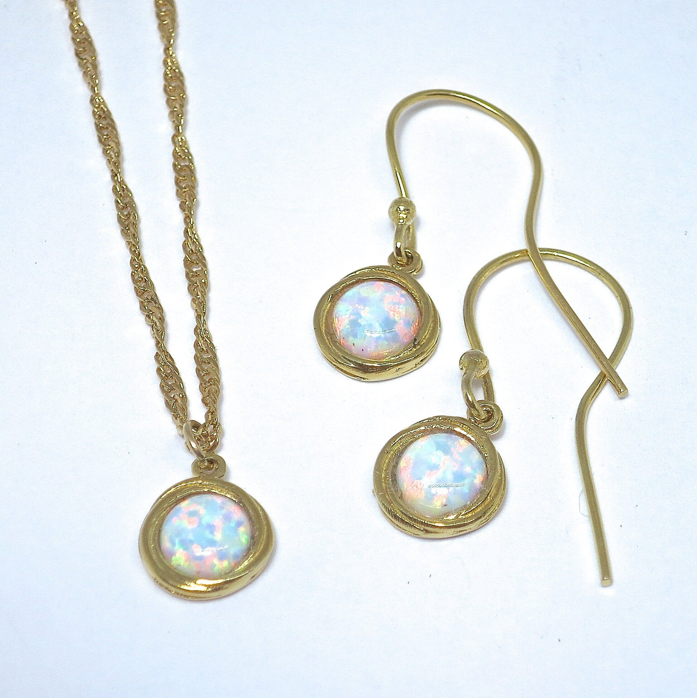 סט תכשיטי אופל, עגילים ושרשרת, סט עגילים ושרשרת מזהב לבן אופל