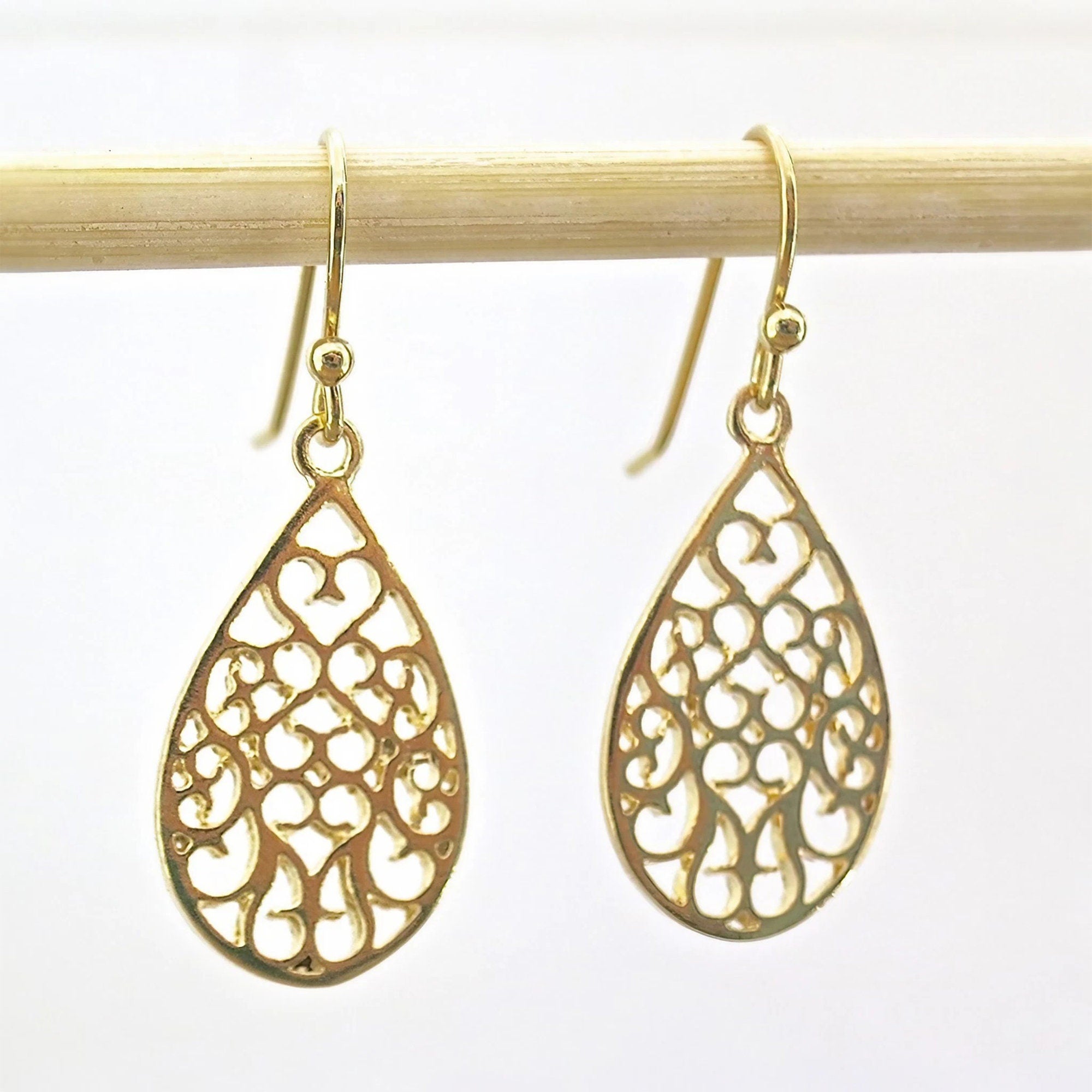 עגילי זהב 14 קראט מלאים, עגילי זהב פיליגרן טיפה