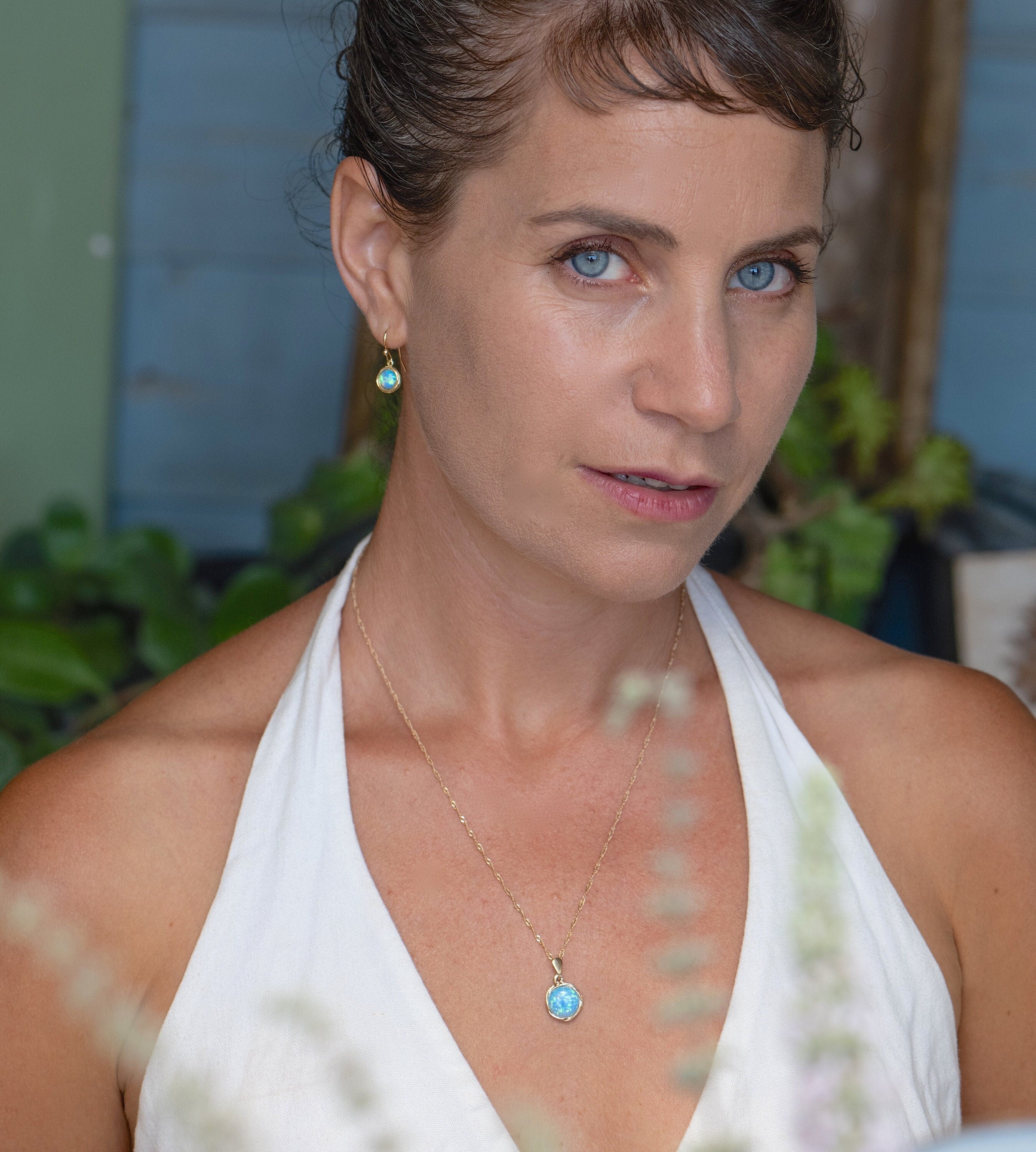 עגילי זהב כחולים תלויים ושרשרת תליון, סט תכשיטי אופל