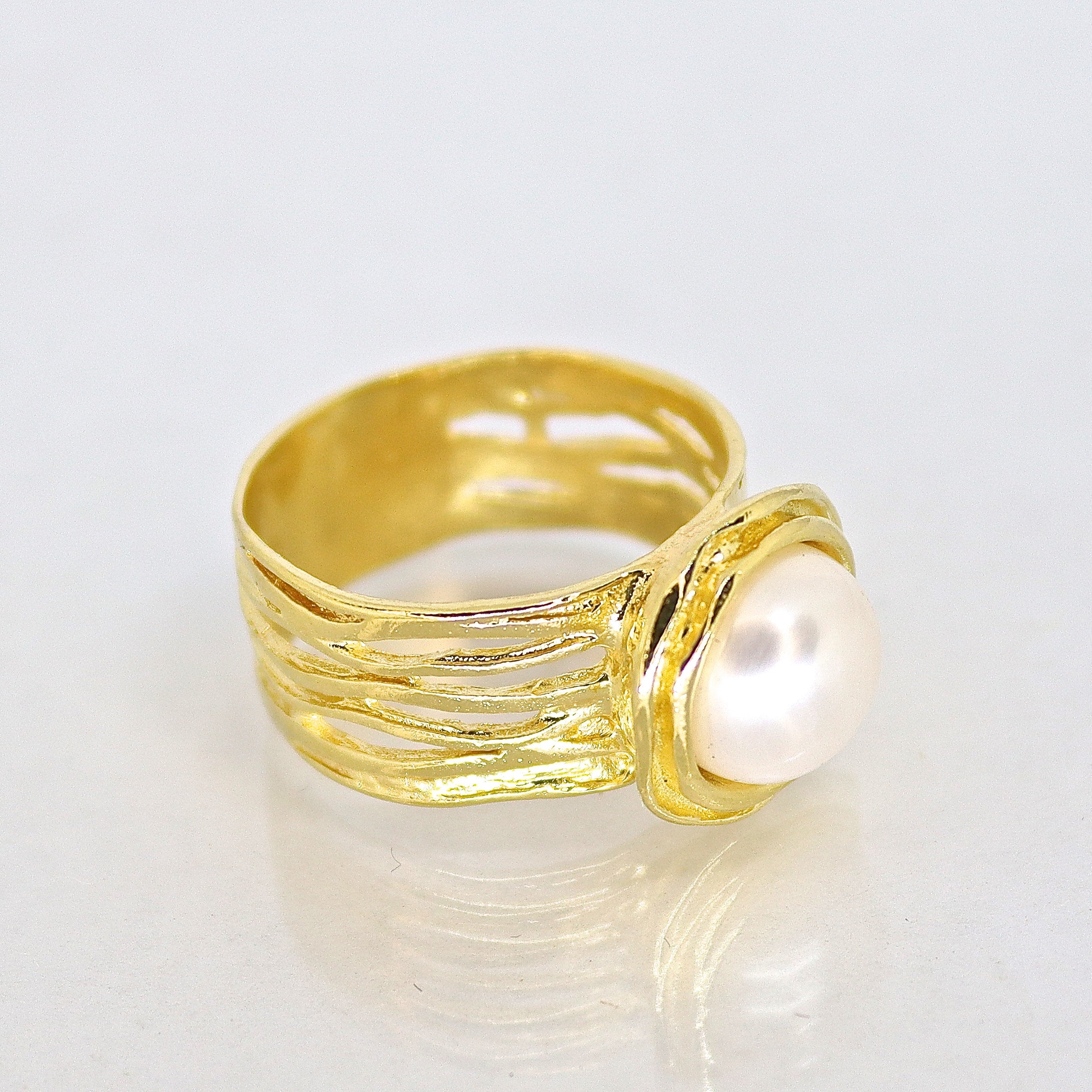 טבעת פנינה אלגנטית מזהב 14 קראט, טבעת נועזת