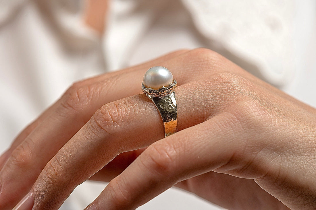 טבעת זהב פנינה מרוקעת