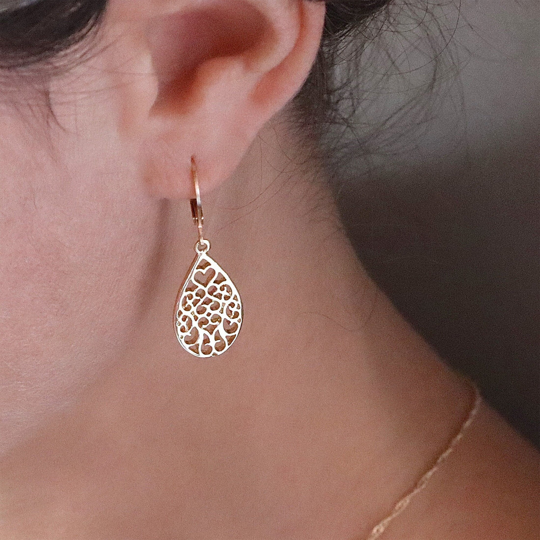 עגילי זהב 14 קראט מלאים, עגילי זהב פיליגרן טיפה