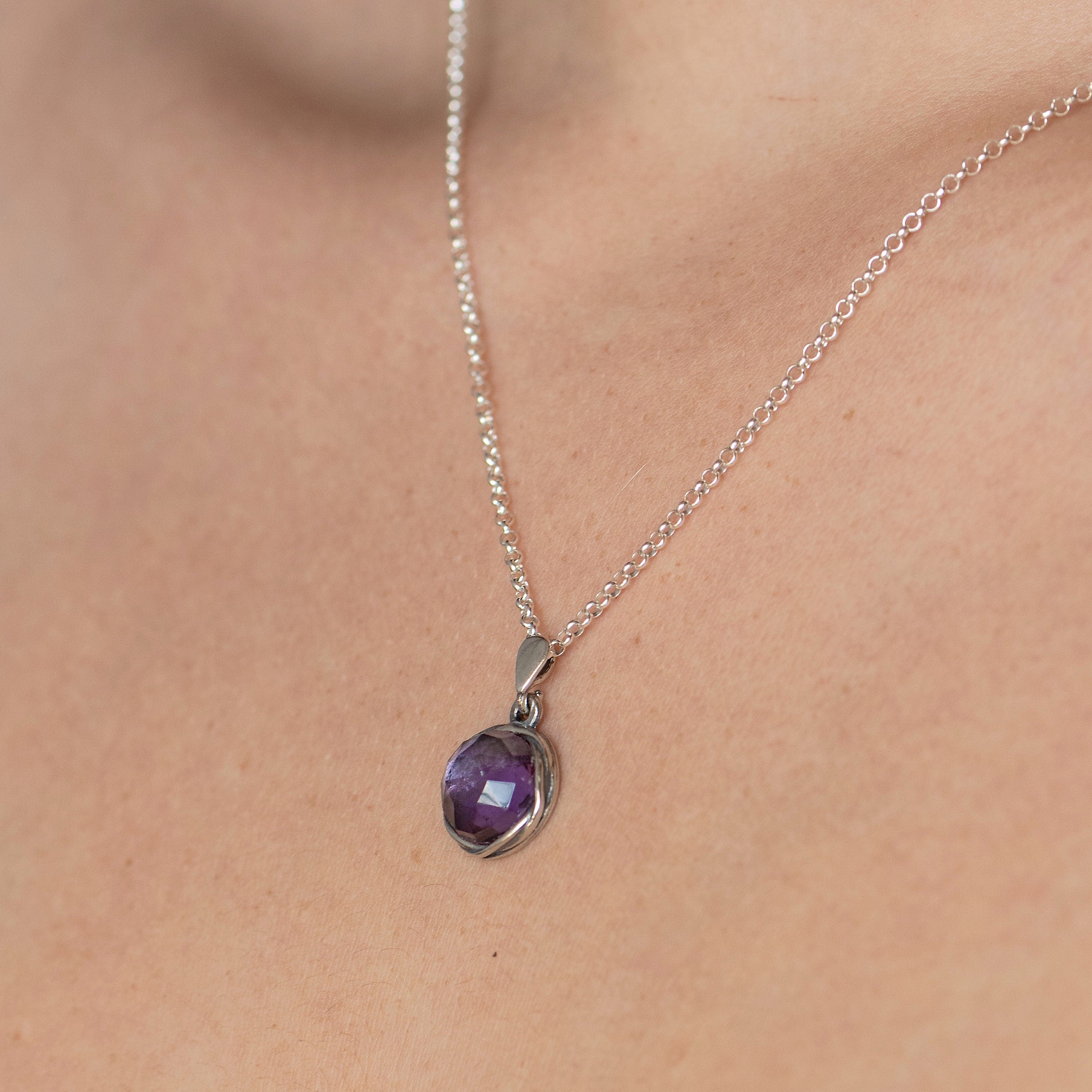 שרשרת תליון אמטיסט כסף סטרלינג 925, שרשרת אבן סגולה מעגלית