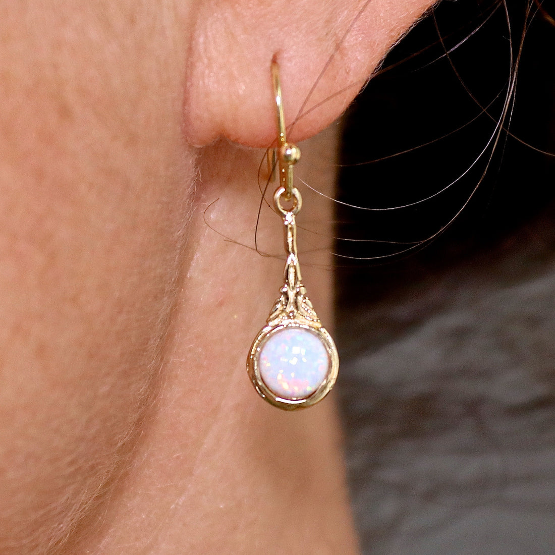 עגילי זהב אופל תלויים, עגילי אופל לבן בסגנון ויקטוריאני