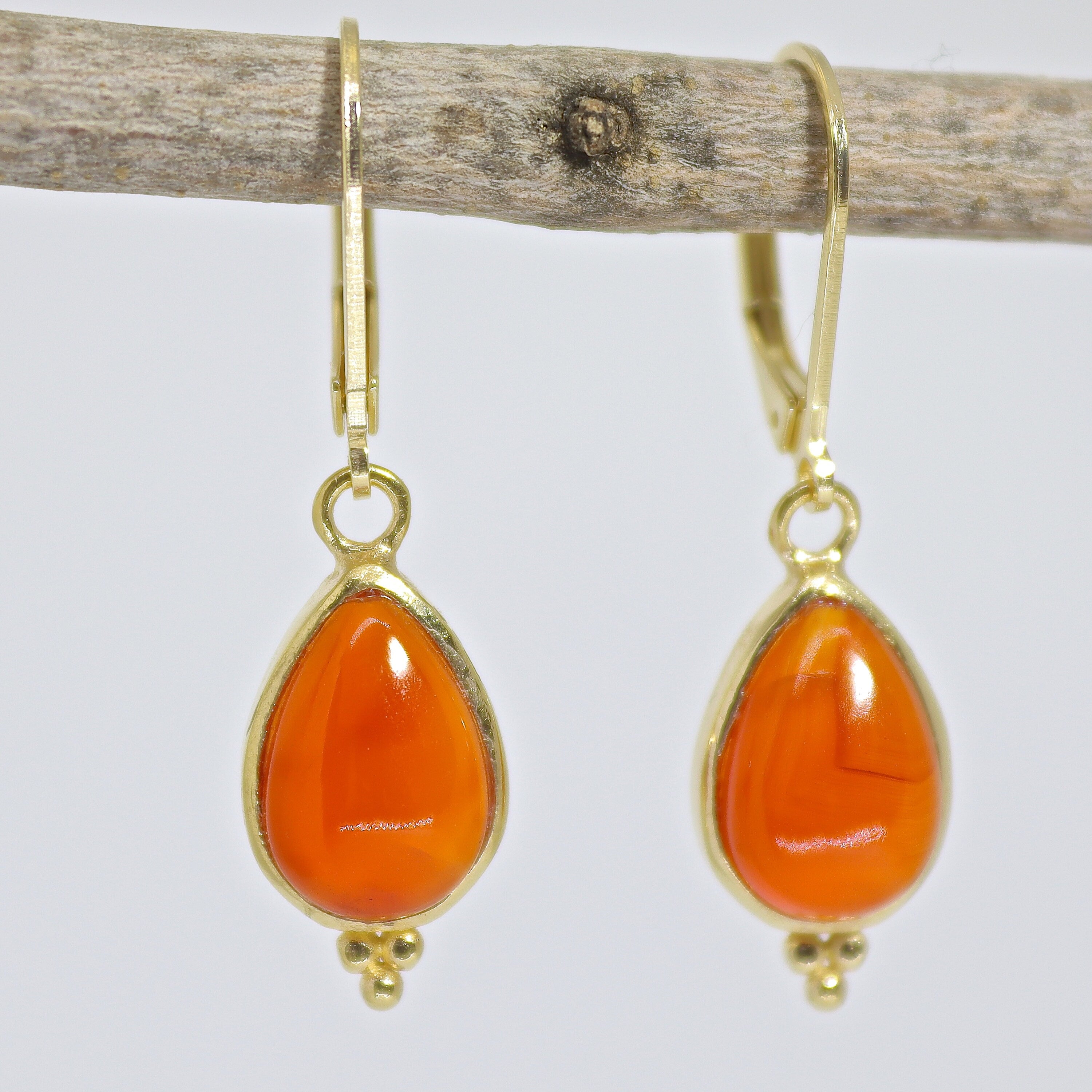 עגילי זהב קרנליאן תלויים, עגילי אבן כתומה דמעה