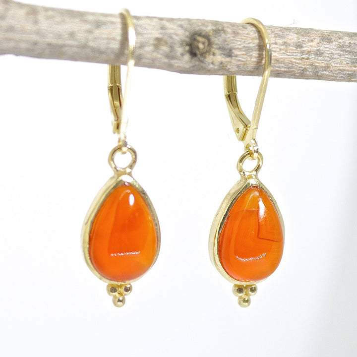 עגילי זהב קרנליאן תלויים, עגילי אבן כתומה דמעה