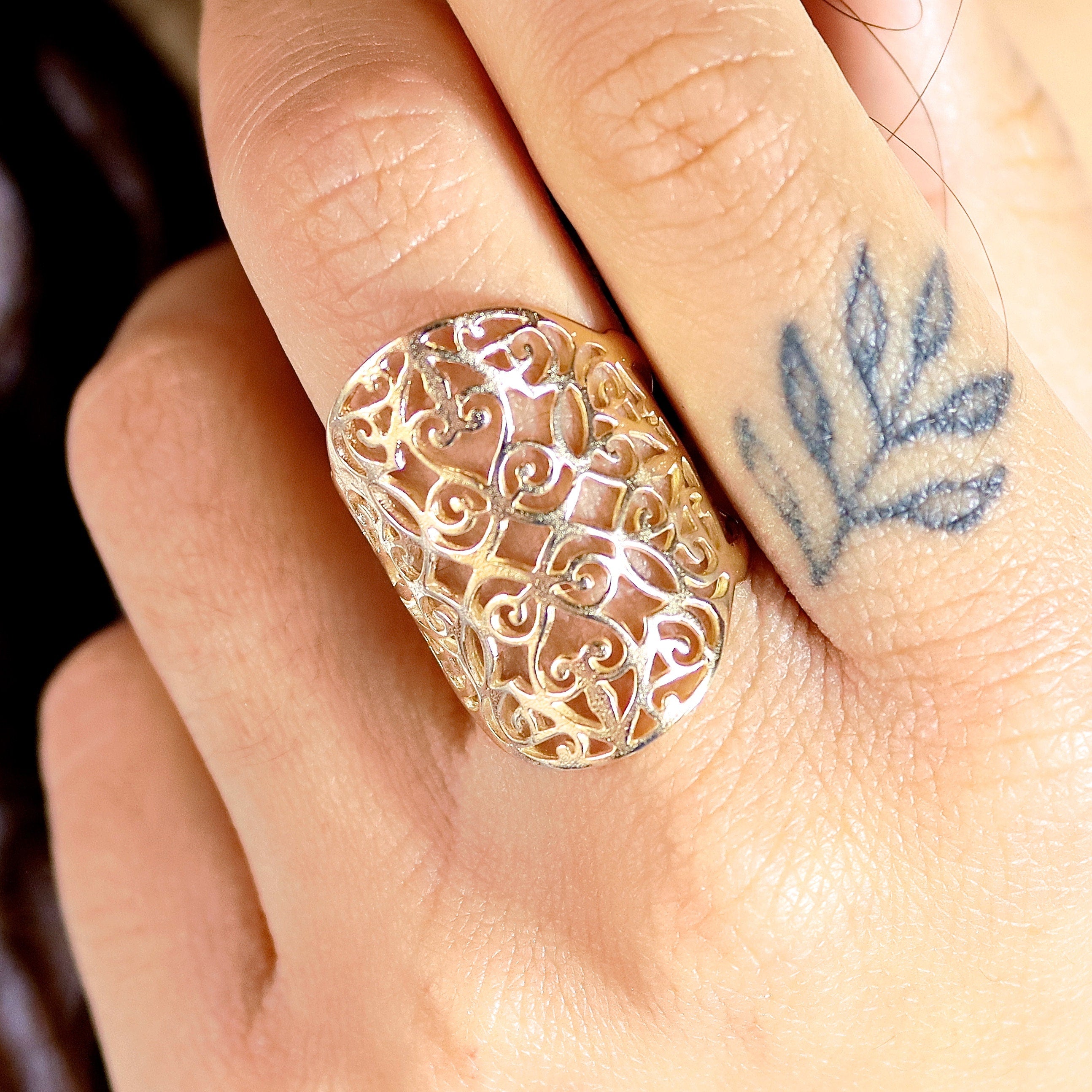 טבעת תחרה פיליגרן ארוכה מזהב 14 קראט