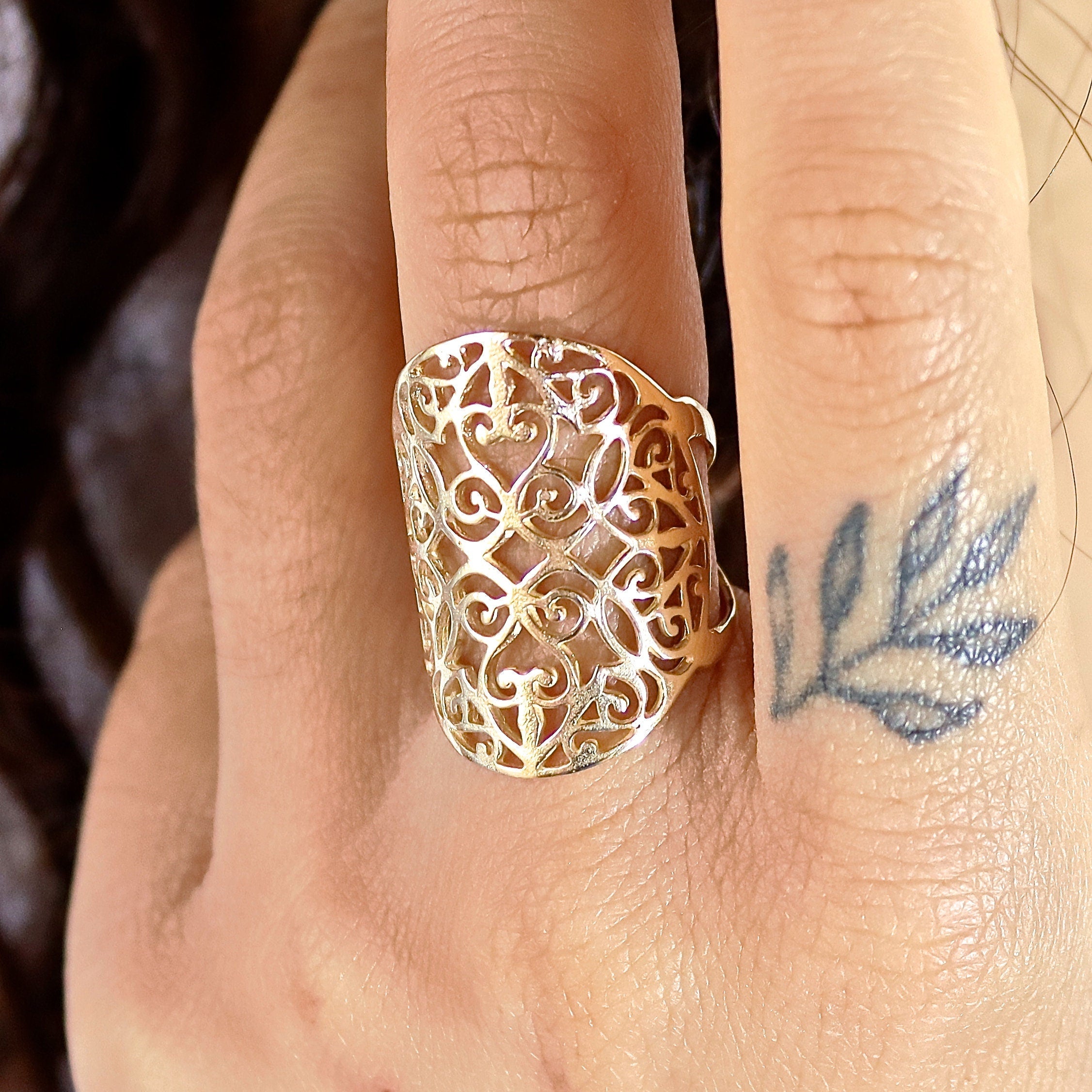 טבעת תחרה פיליגרן ארוכה מזהב 14 קראט