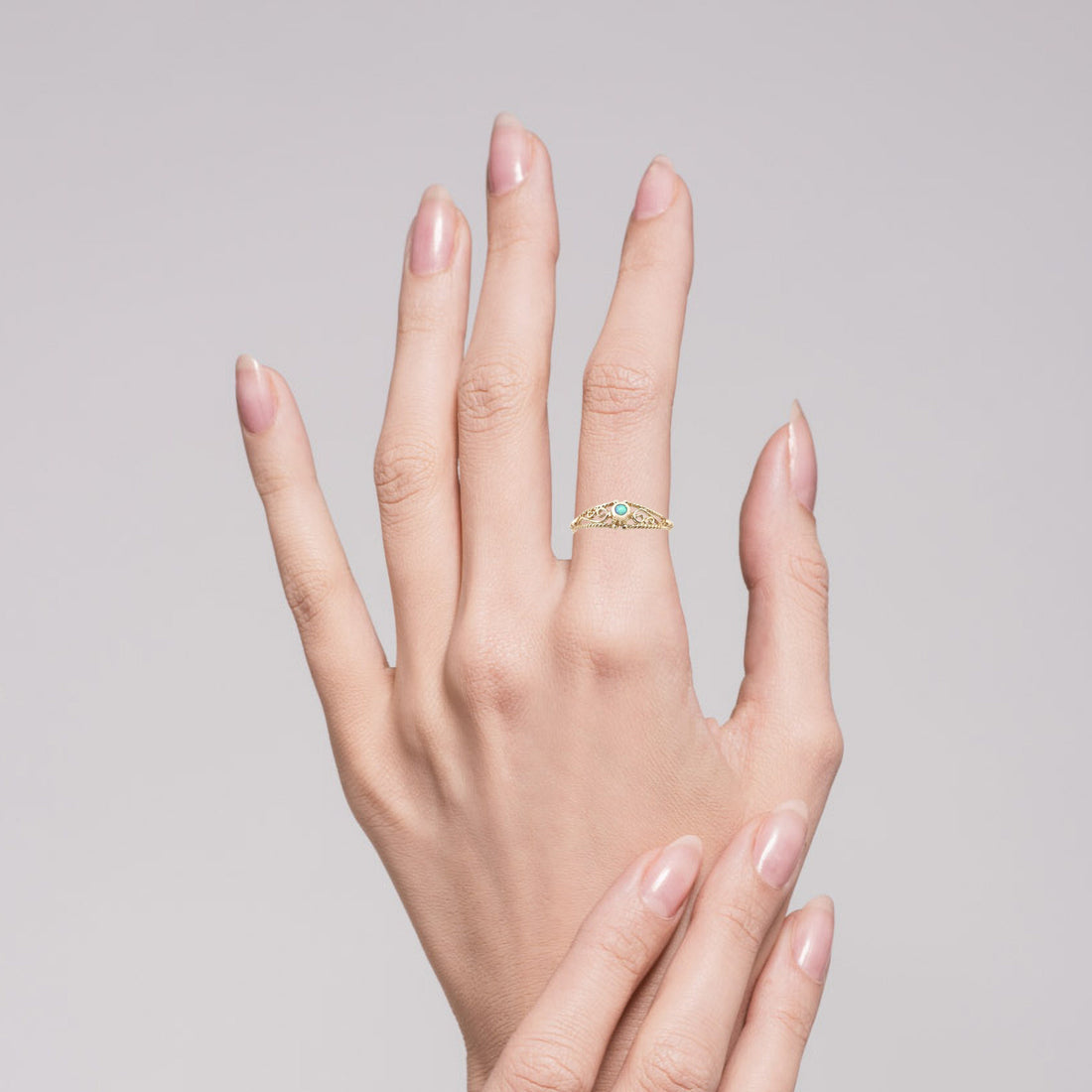 טבעת אופל מזהב מלא 14 קראט, טבעת זהב עם אבן כחולה פיליגרן