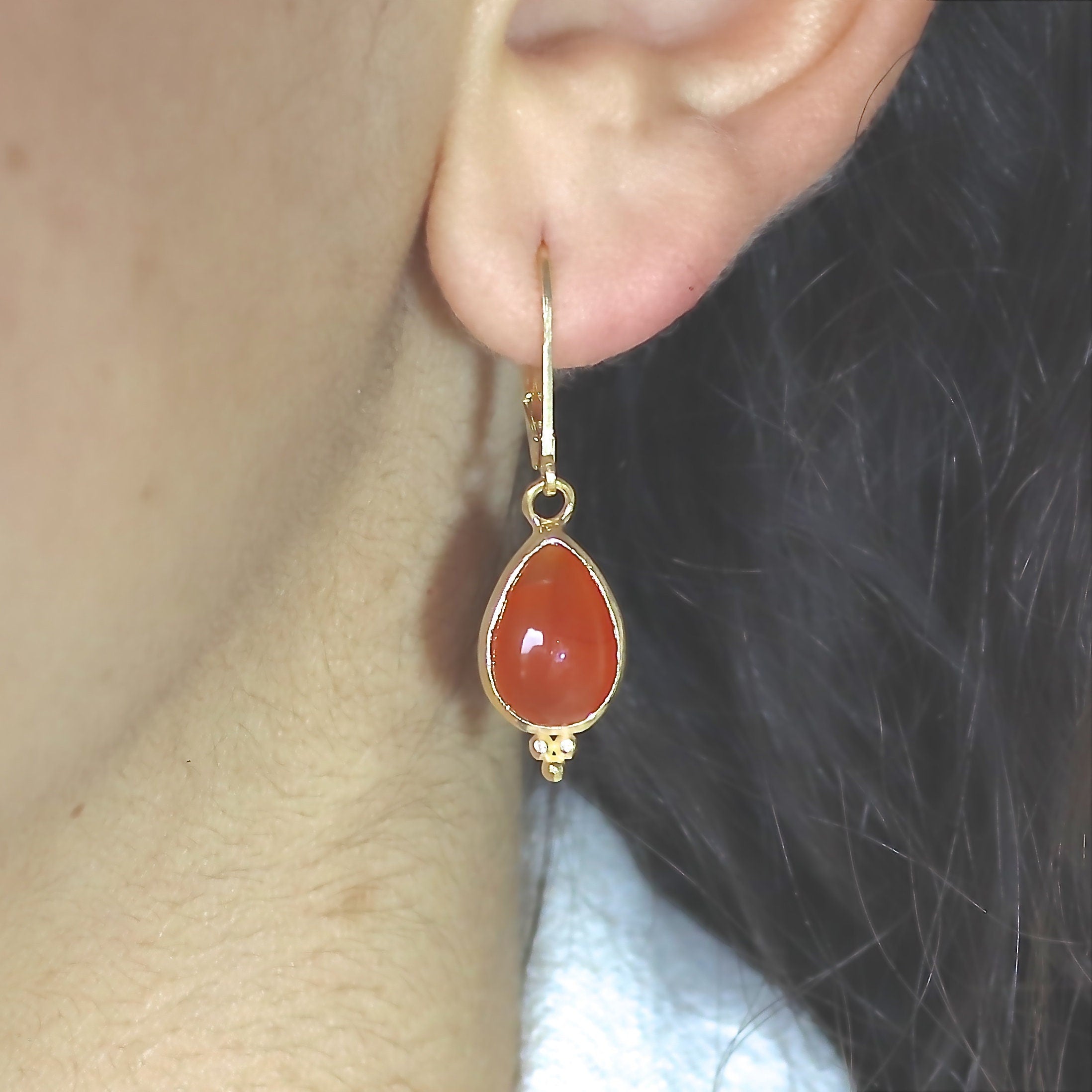 עגילי זהב קרנליאן תלויים, עגילי אבן כתומה דמעה