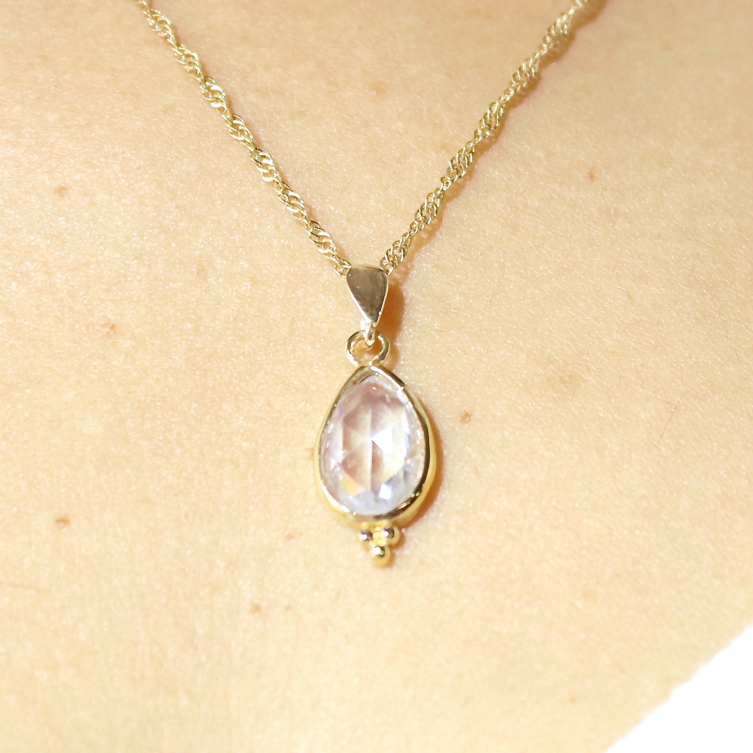 תליון שרשרת קריסטל קוורץ בצורת דמעה מזהב 14 קראט
