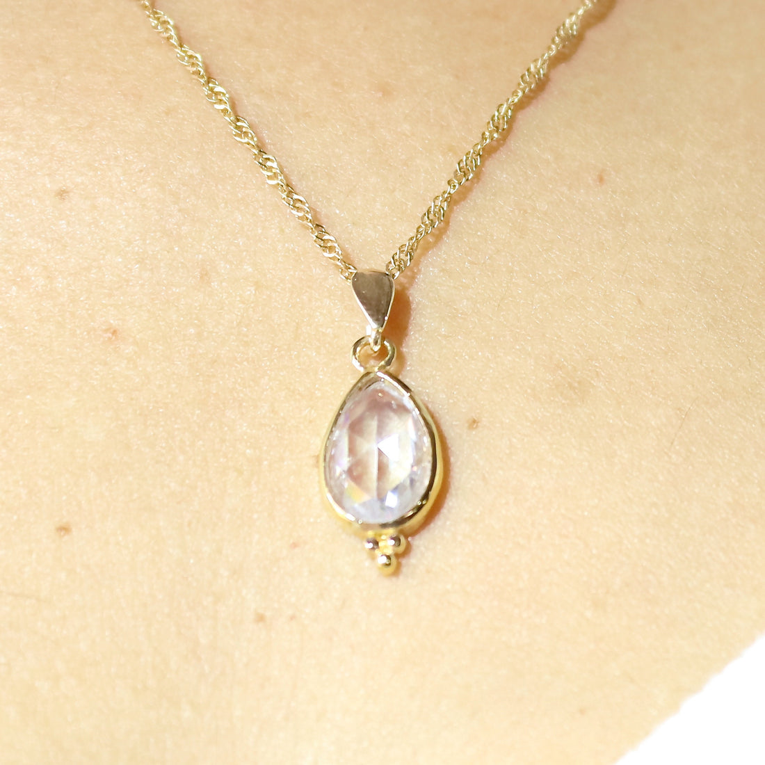 תליון שרשרת קריסטל קוורץ בצורת דמעה מזהב 14 קראט