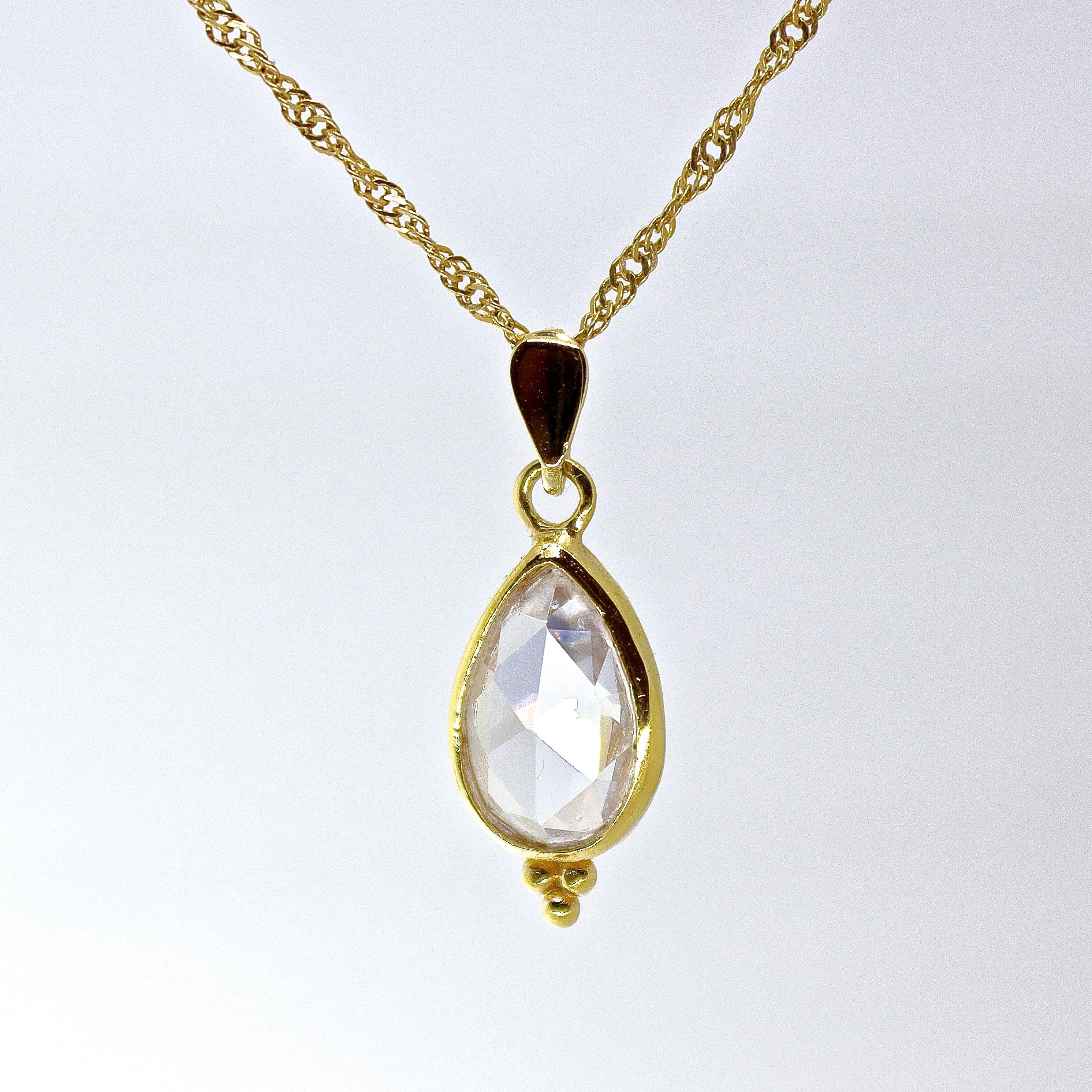 תליון שרשרת קריסטל קוורץ בצורת דמעה מזהב 14 קראט
