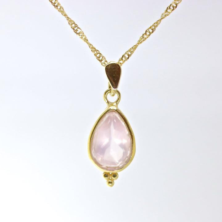 תליון שרשרת דמעה משובצת קוורץ ורד מזהב 14 קראט - תכשיטי אבני חן