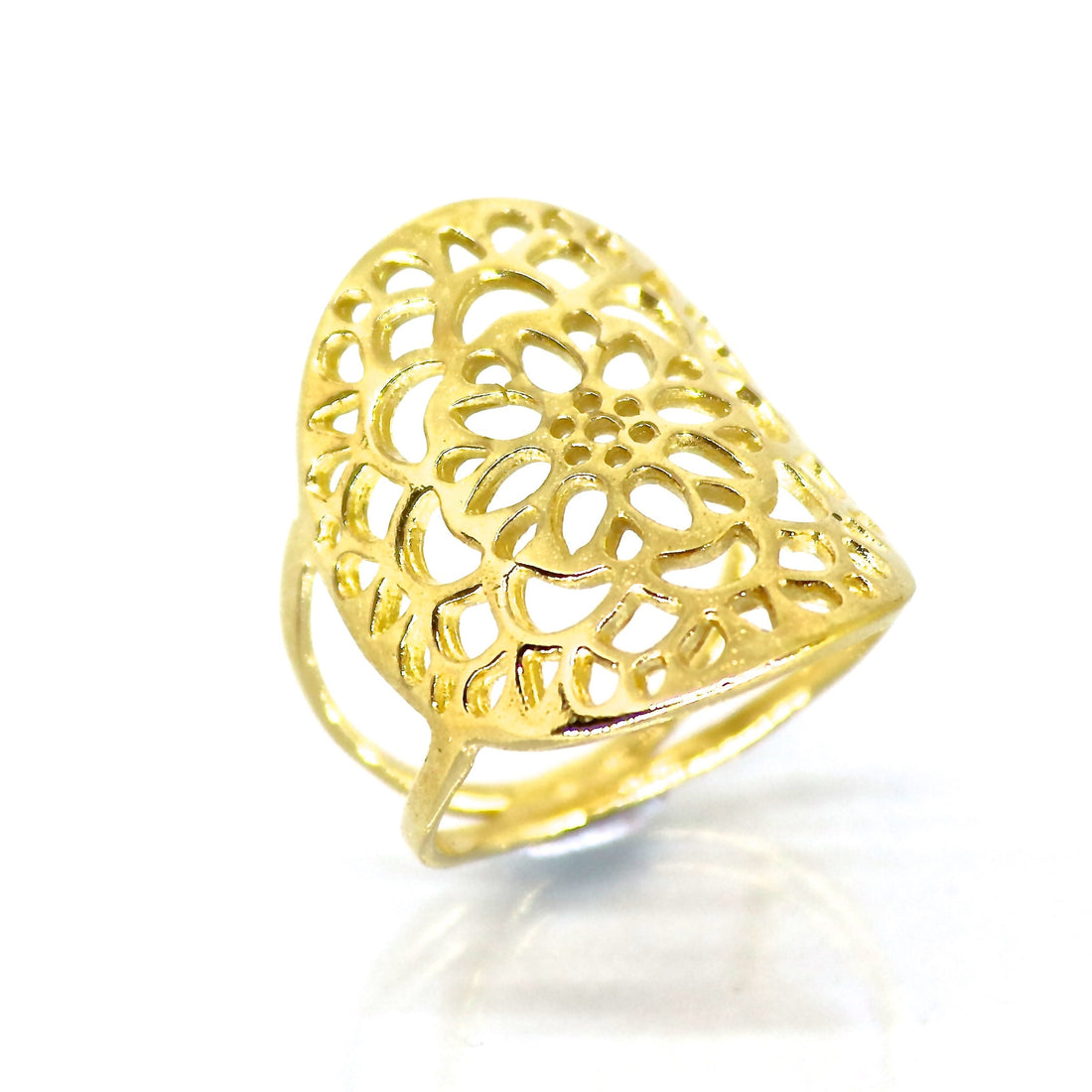 טבעת תחרה פרחונית ארוכה מזהב 14 קראט