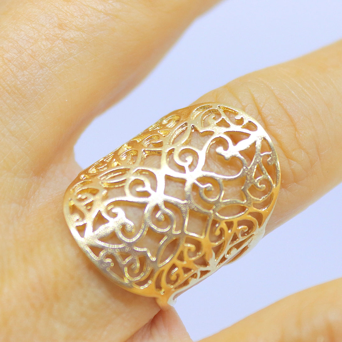 טבעת תחרה פיליגרן ארוכה מזהב 14 קראט