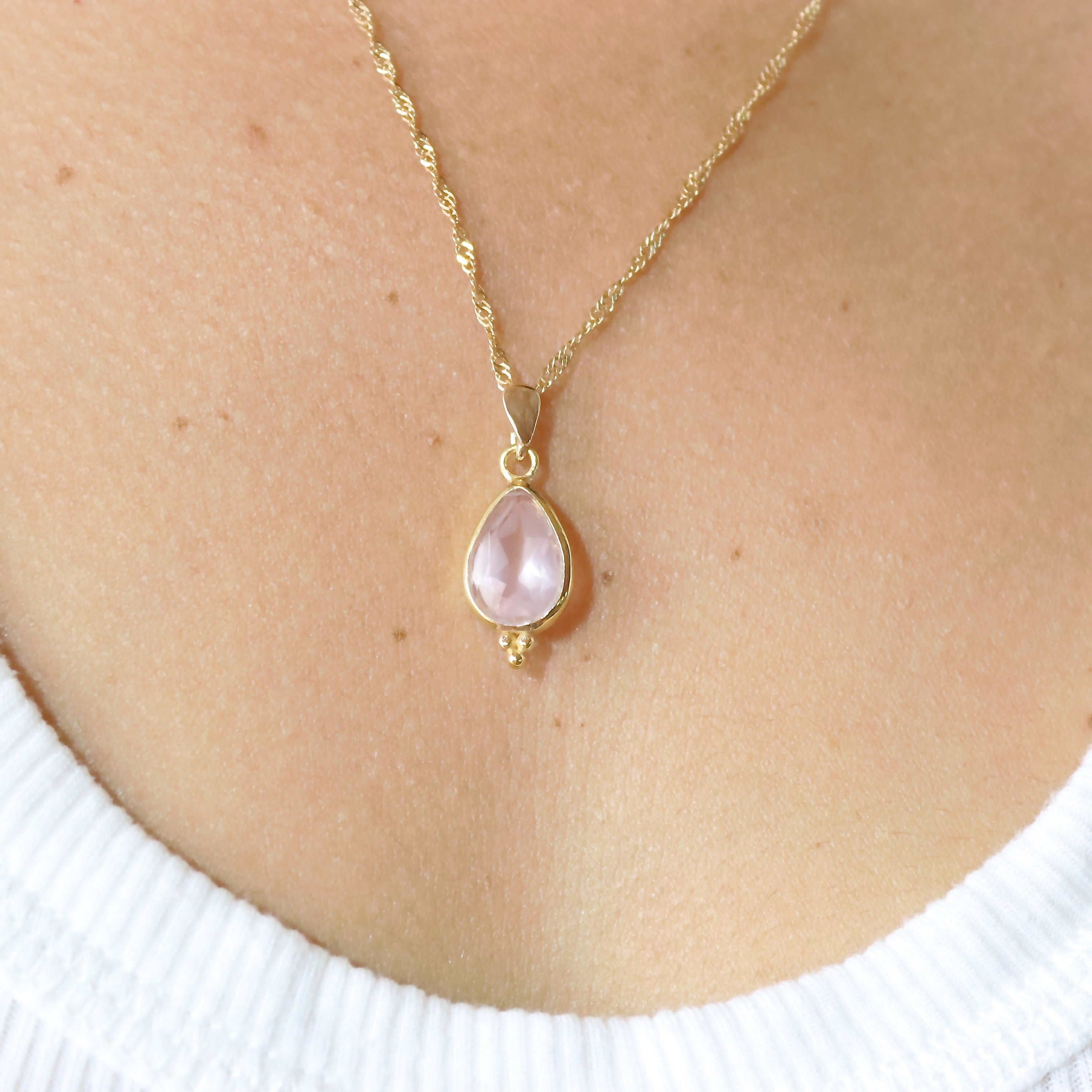 תליון שרשרת דמעה משובצת קוורץ ורד מזהב 14 קראט - תכשיטי אבני חן