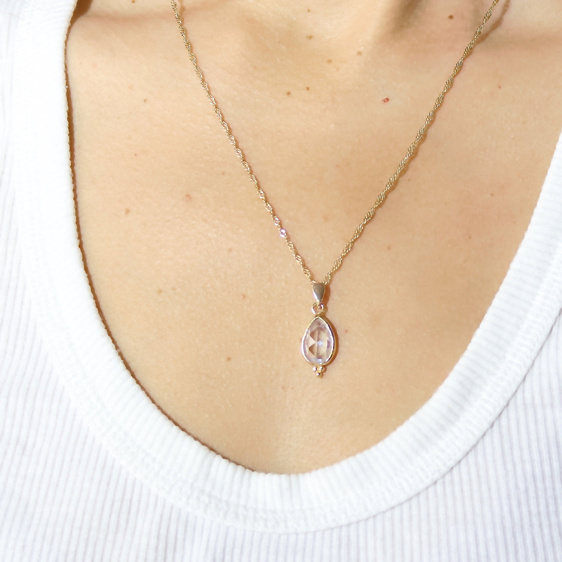 תליון שרשרת קריסטל קוורץ בצורת דמעה מזהב 14 קראט